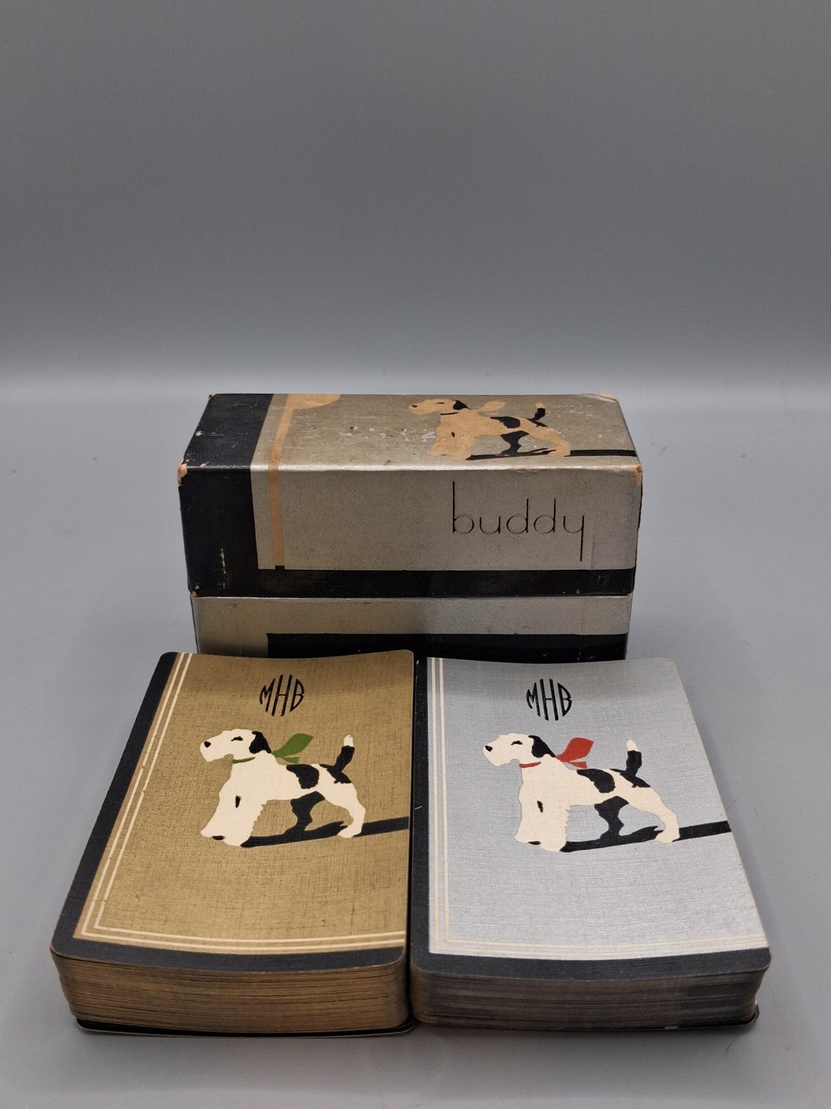 VINTAGE GIBSON BUDDY PLAYING CARDS 2 DECK SET GOLD & SILVER W/ ORIGINAL BOX