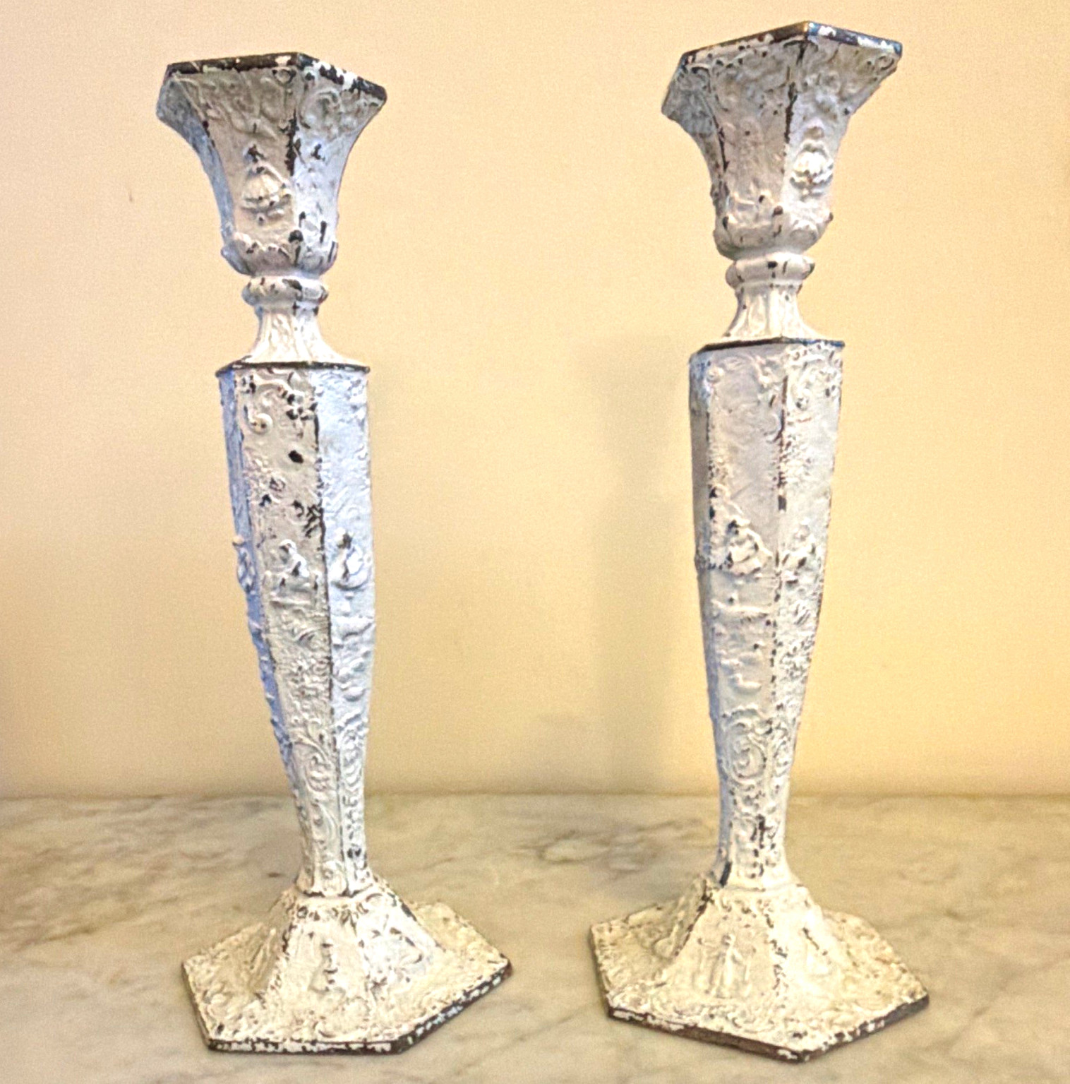 Antique WEIDLICH BROTHERS Candle Stick Holder Pair Painted White Distressed Antique WEIDLICH BROTHERS Candle Stick Holder Pair Painted White Distressed