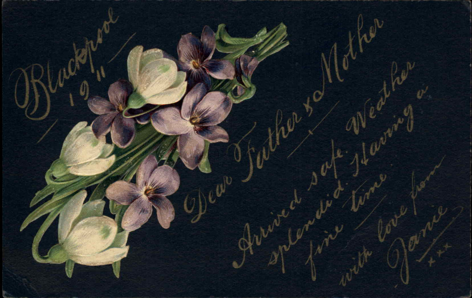 Blackpool Handmade Greeting Pasted Flowers Fine Handwriting c1911 Postcard Blackpool Handmade Greeting Pasted Flowers Fine Handwriting c1911 Postcard