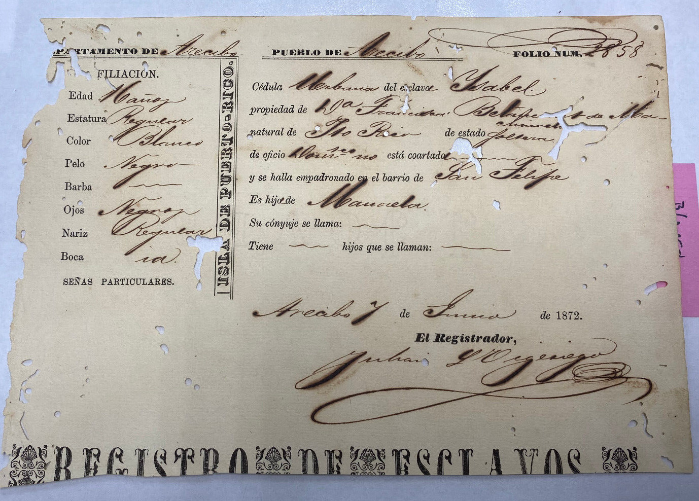 Puerto Rico, 1872, Registro Esclavo, Arecibo, Niña (Color-BLANCA), 16 años