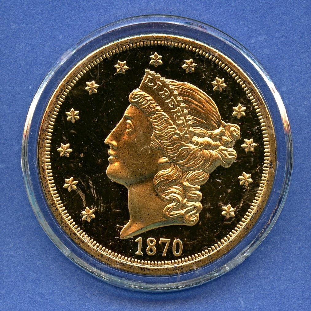 Liberty Coronet Head 1870 Double Eagle $20 Tribute Medal 24k Gold Gilded #76 Liberty Coronet Head 1870 Double Eagle $20 Tribute Medal 24k Gold Gilded #76