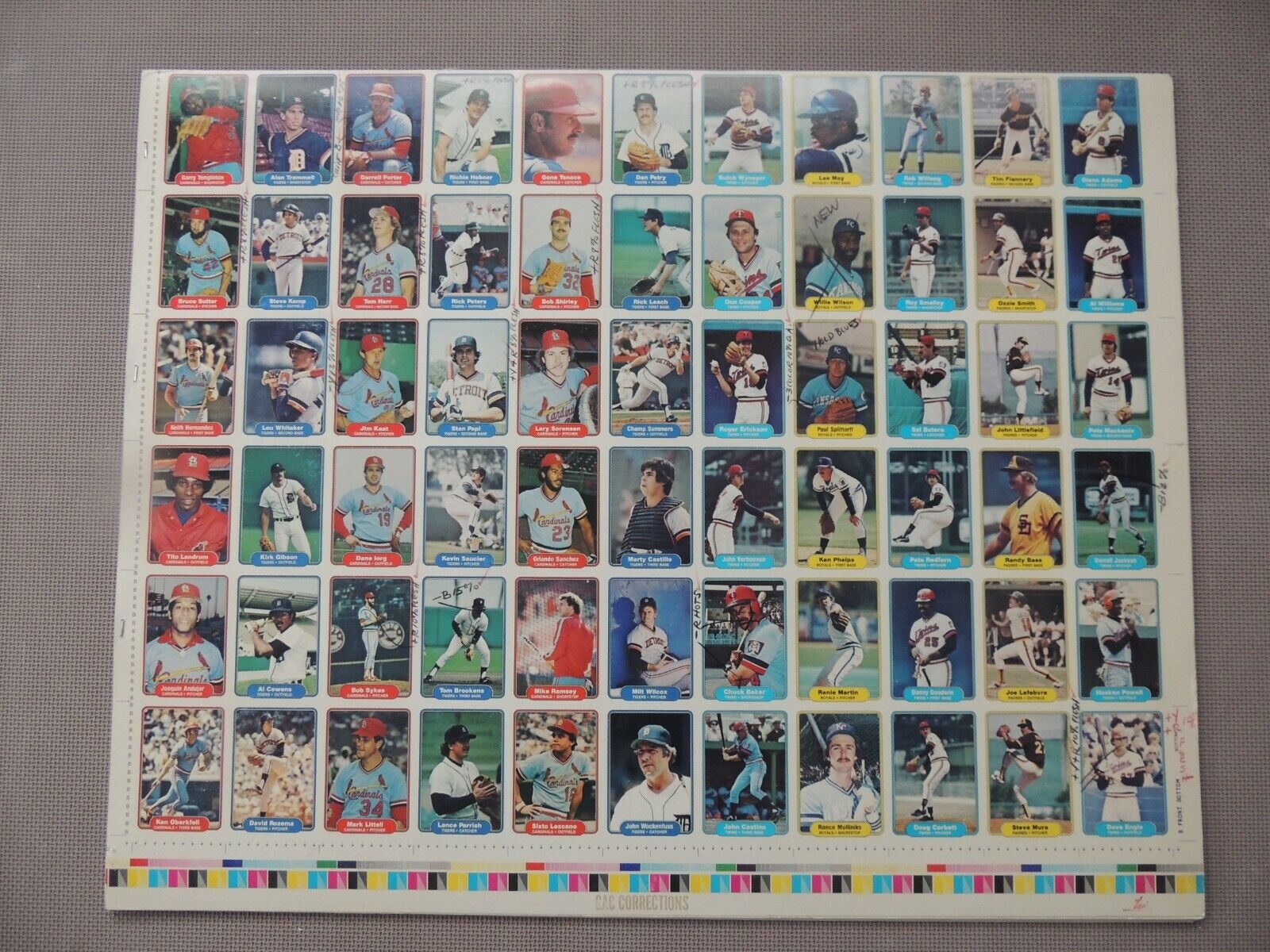 11 1982 Fleer Uncut Progressive Proof Baseball Card Sheets - Littlefield error