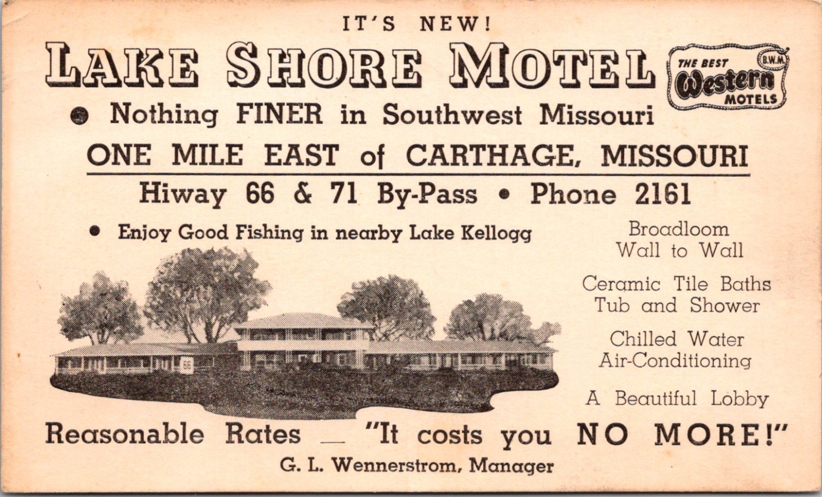 Postcard Lake Shore Motel Hiway Route 66 & &1 by-Pass Carthage Missouri Fishing Postcard Lake Shore Motel Hiway Route 66 & &1 by-Pass Carthage Missouri Fishing