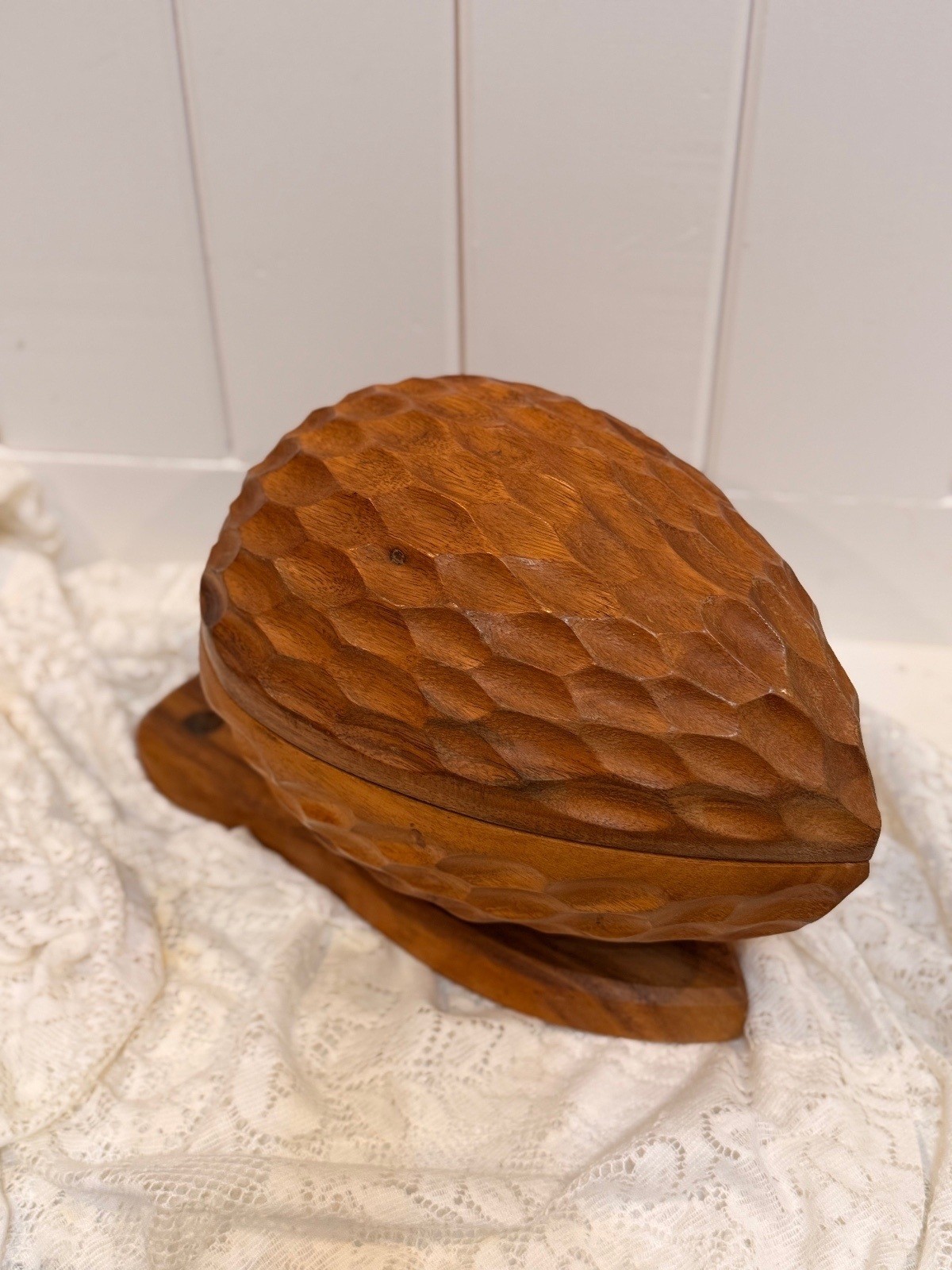 Vintage Mid-Century Modern 14 in. hand-carved wood walnut-shaped nut bowl box. Vintage Mid-Century Modern 14 in. hand-carved wood walnut-shaped nut bowl box.