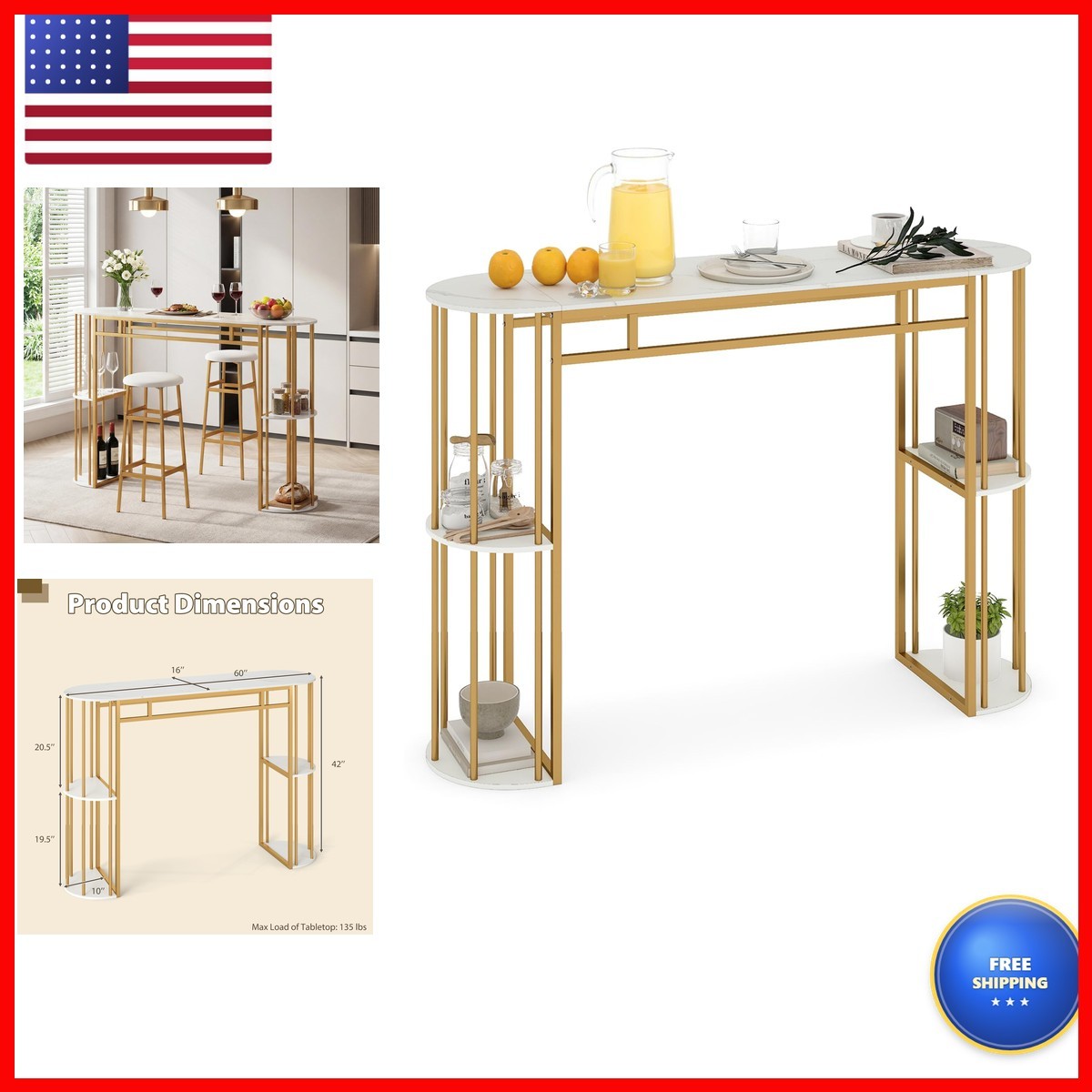 GIANTEX 60-Inch Bar Table for 2-4, Faux Marble Top, Golden and White GIANTEX 60-Inch Bar Table for 2-4, Faux Marble Top, Golden and White