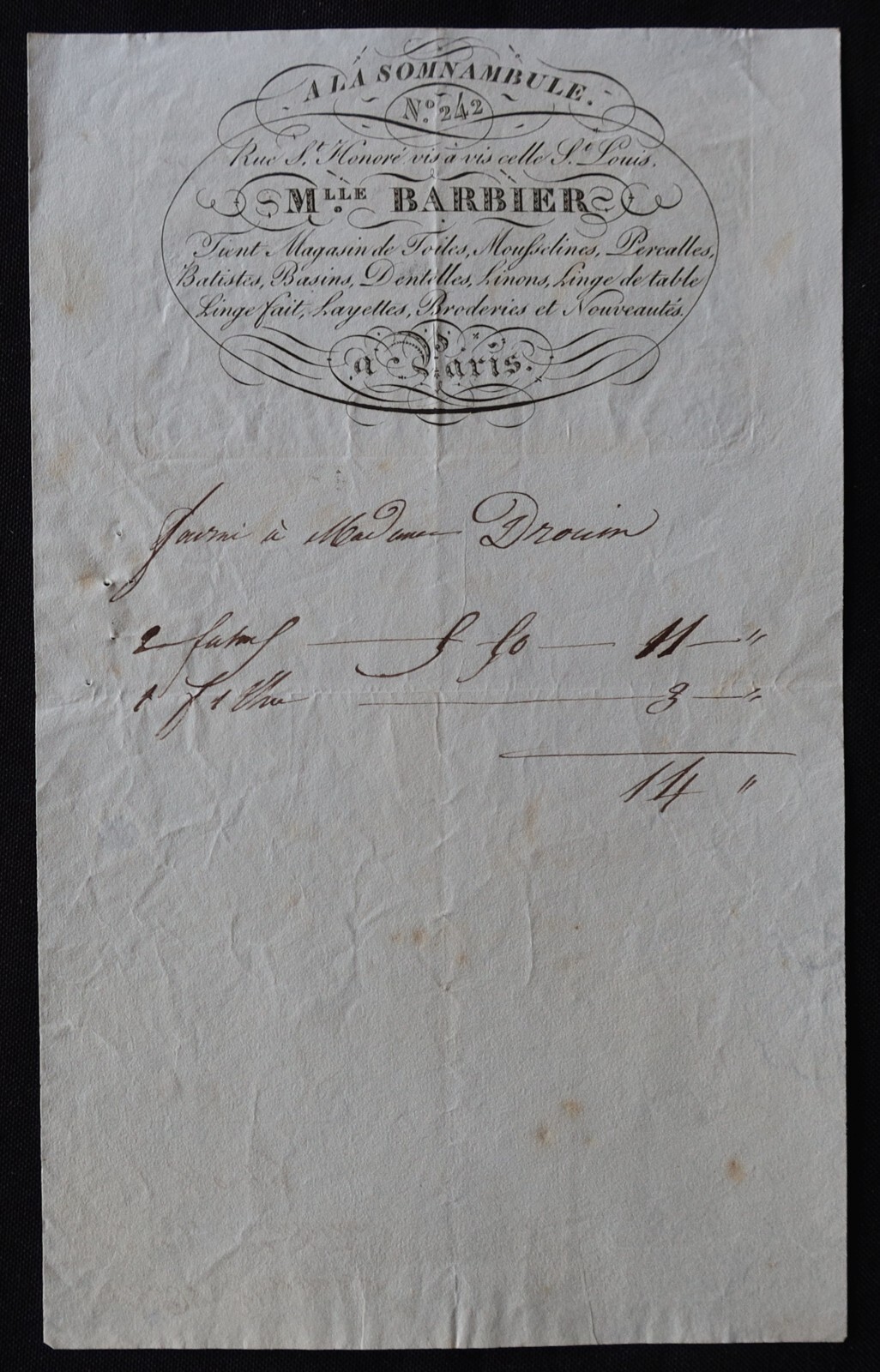 Invoice PARIS 1830 ? A LA SOMNANBULE Miss BARBER Silk Lace Illustrated 57