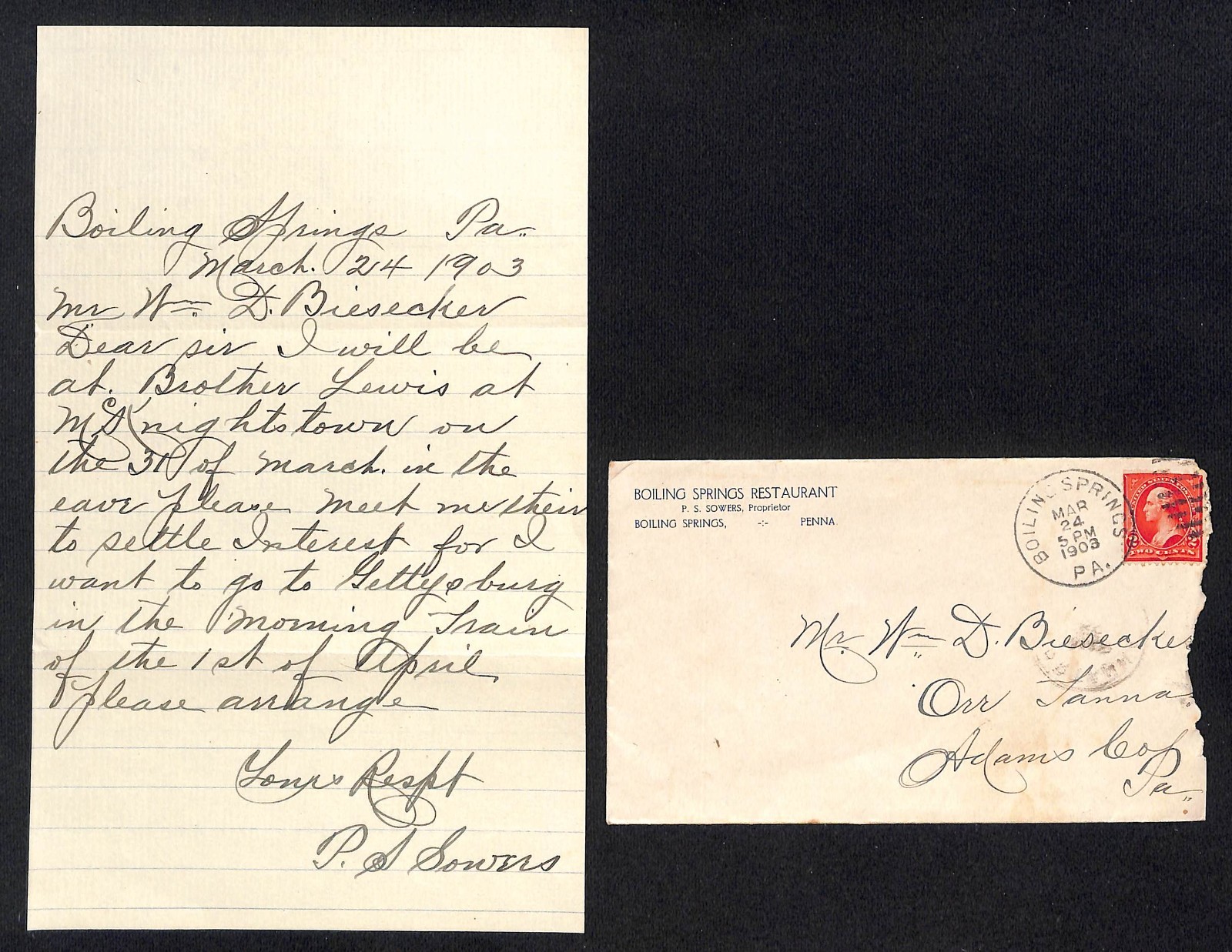 1903 ALS Frank Biesecker Orrtanna, PA / Boiling Springs Restaurant P.S. Sowers