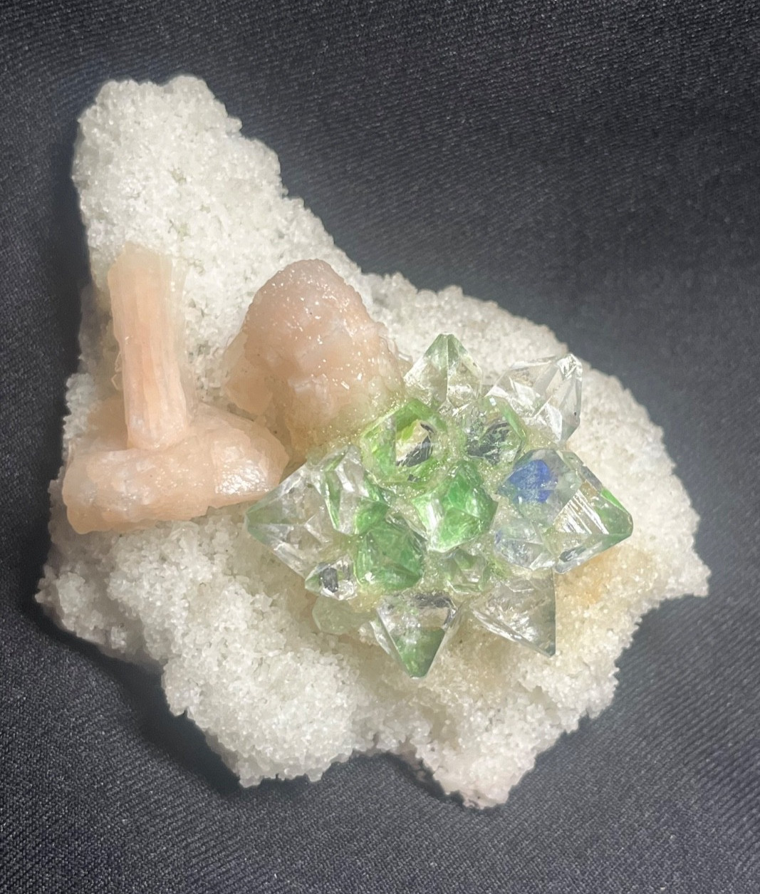 AWESOME RARE GREEN APOPHYLLITE FLOWER W/ CORAL AND STILBITE CRYSTAL IN MATRIX AWESOME RARE GREEN APOPHYLLITE FLOWER W/ CORAL AND STILBITE CRYSTAL IN MATRIX