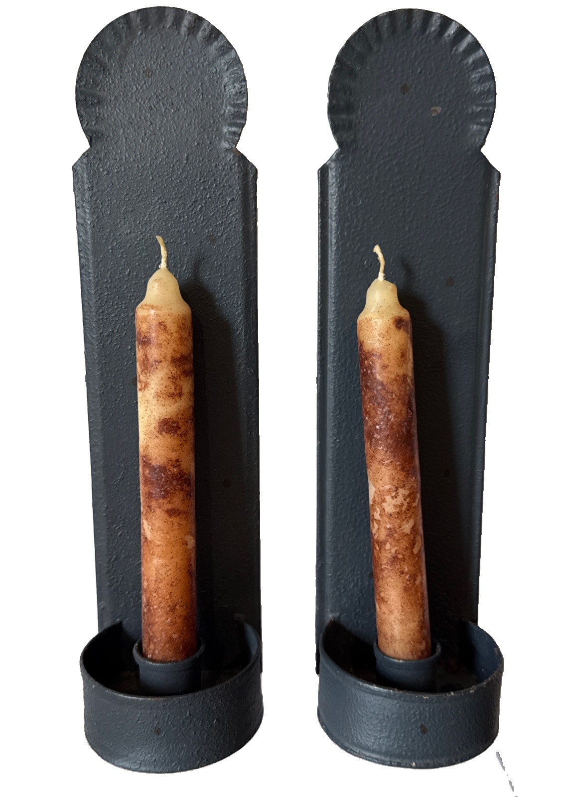 2 Vtg Americana Primitive Style Wall Candle Sconces 10.5 “ Gray 2 Vtg Americana Primitive Style Wall Candle Sconces 10.5 “ Gray