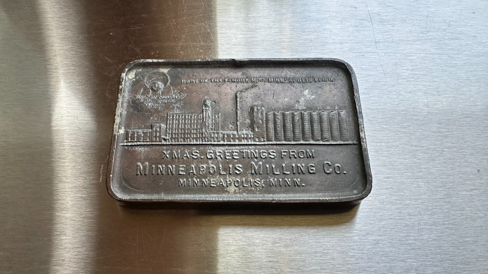 Antique Bronze Paperweight Minneapolis Milling Co Flour Grain Elevator Xmas