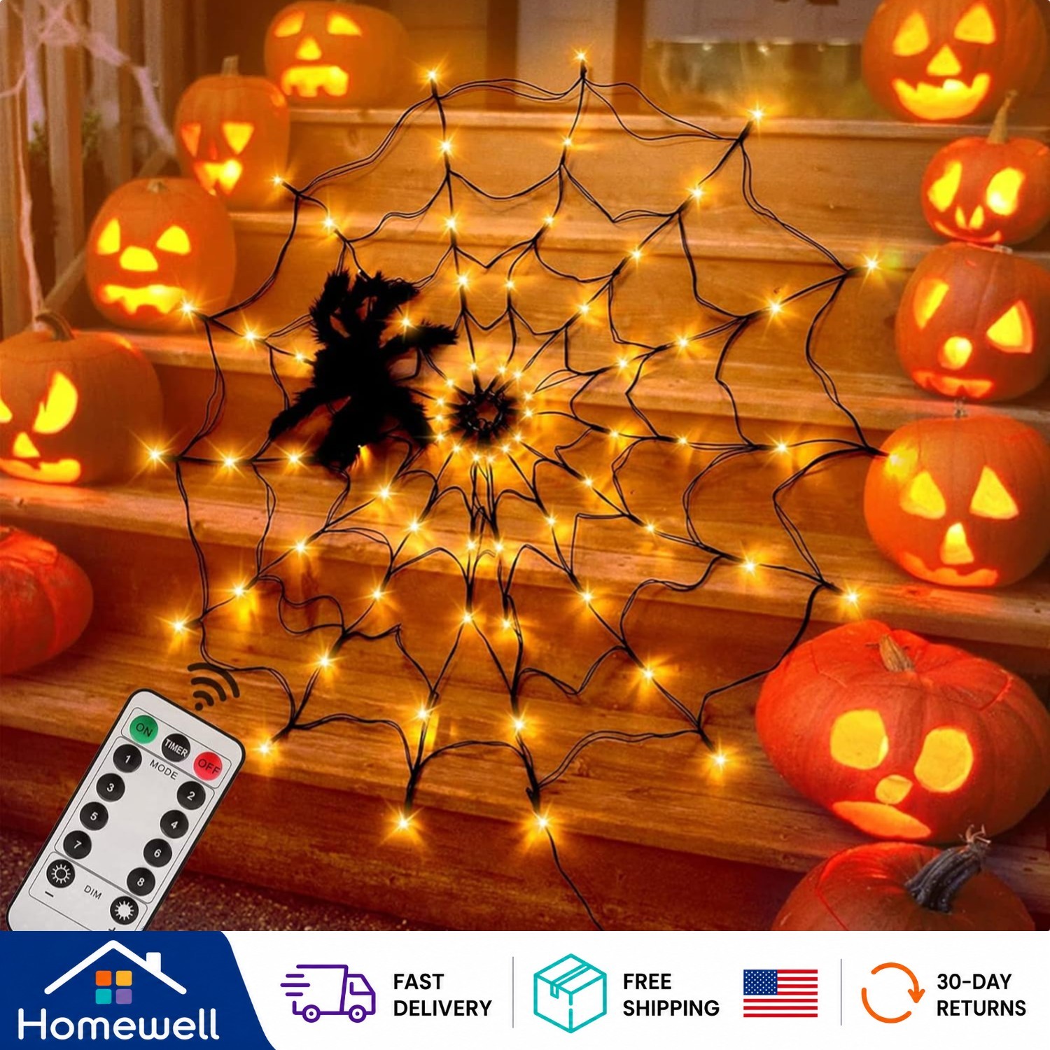 Enchanting 4FT Spider Web Lights - 70 LEDs with Black Spider & Remote Control