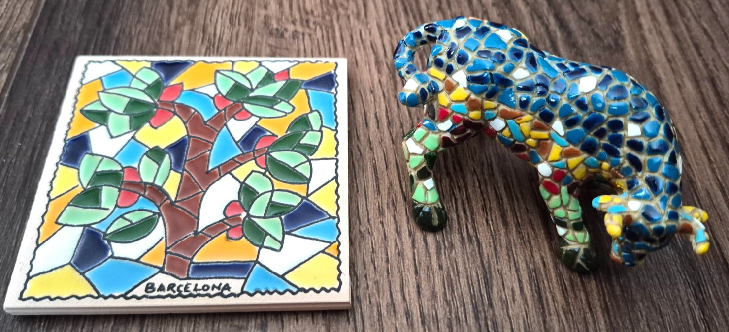 Spain Spanish Toro Barcino Mosaic Bull Figurine & Barcelona Mosaic Coaster VGUC Spain Spanish Toro Barcino Mosaic Bull Figurine & Barcelona Mosaic Coaster VGUC