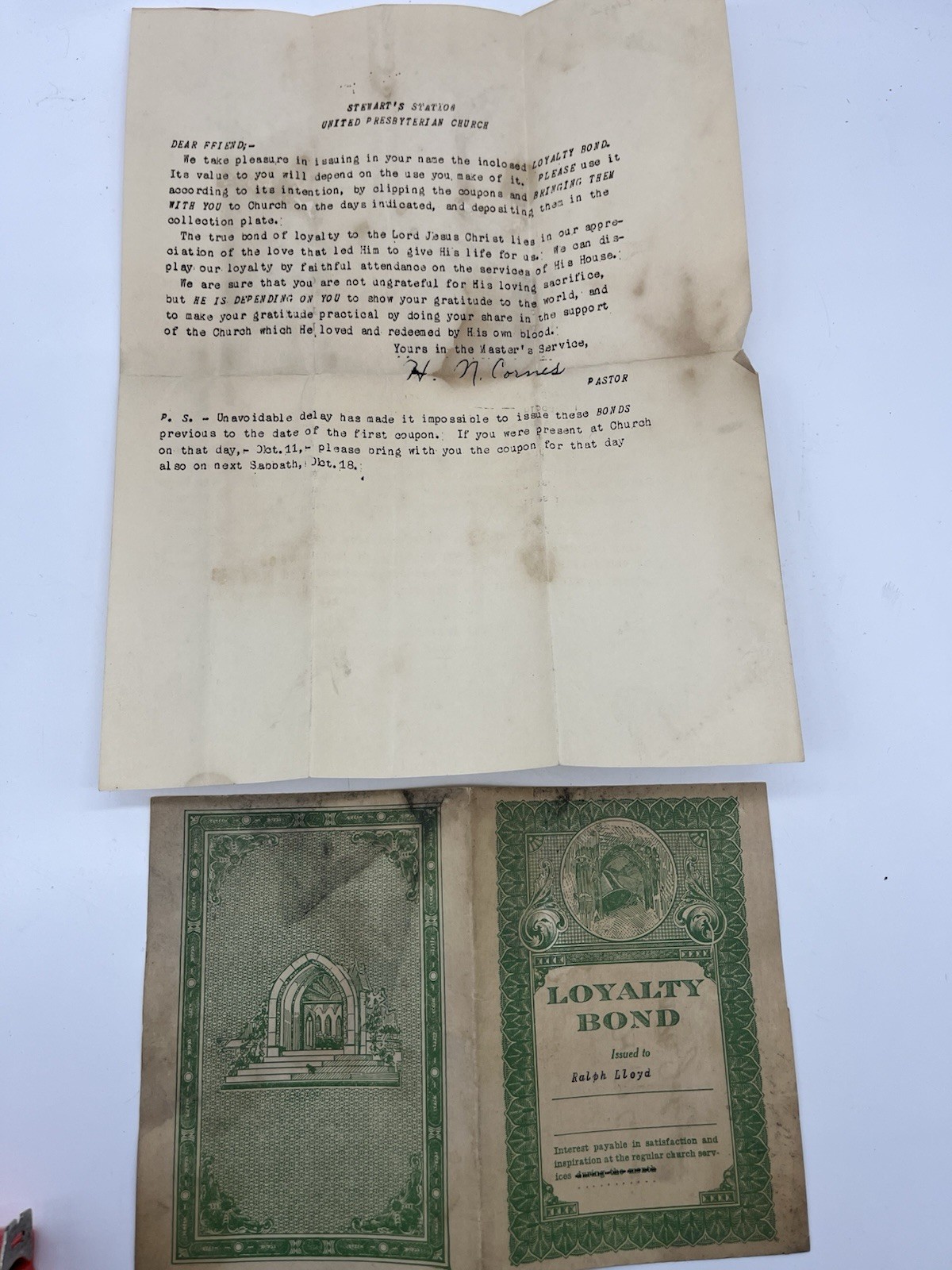 1942 Church Loyalty Bond Tithing United Presbyterian Church Letter 1942 Church Loyalty Bond Tithing United Presbyterian Church Letter
