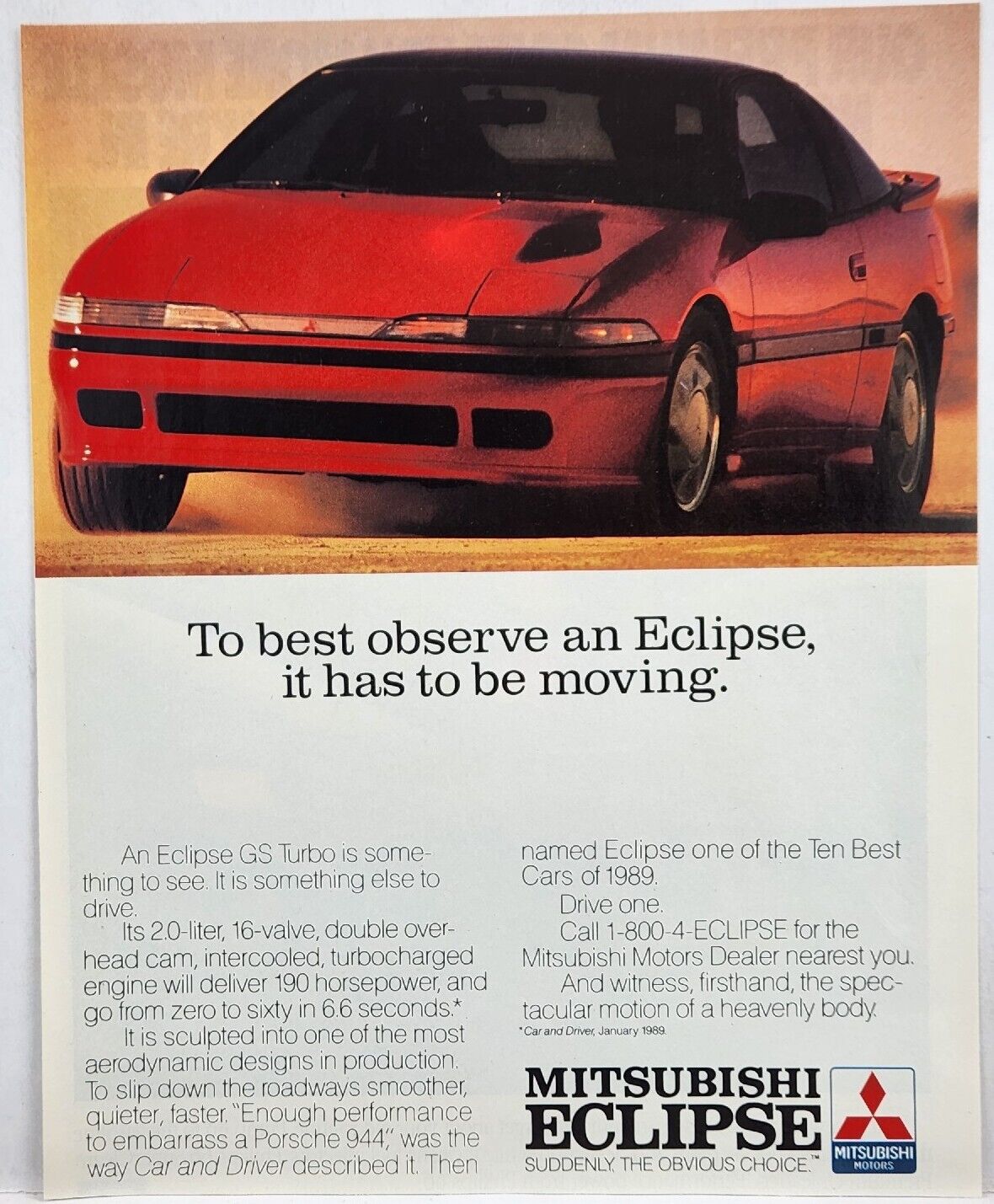 1989 Mitsubishi Eclipse GS Turbo Red To Best Observe Has To Be Moving Print Ad