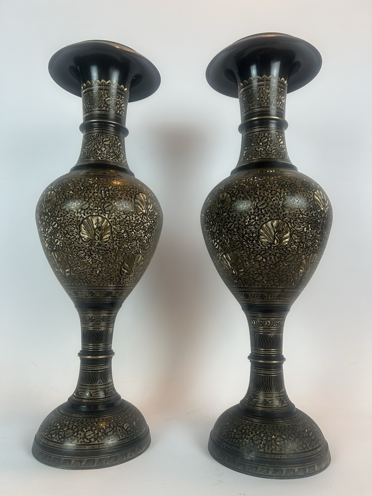 Vintage Hand Etched Brass Floor Vases Pair 20” Ornate Indian Metal Decor Vintage Hand Etched Brass Floor Vases Pair 20” Ornate Indian Metal Decor