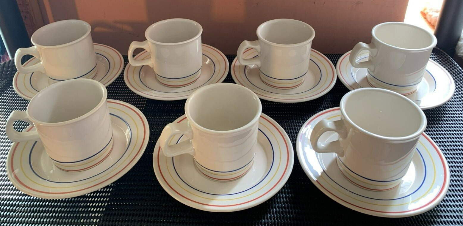 Vintage Daily Dining Ringed Teacup & Saucer Set of 7 - Red Yellow Blue Stripes
