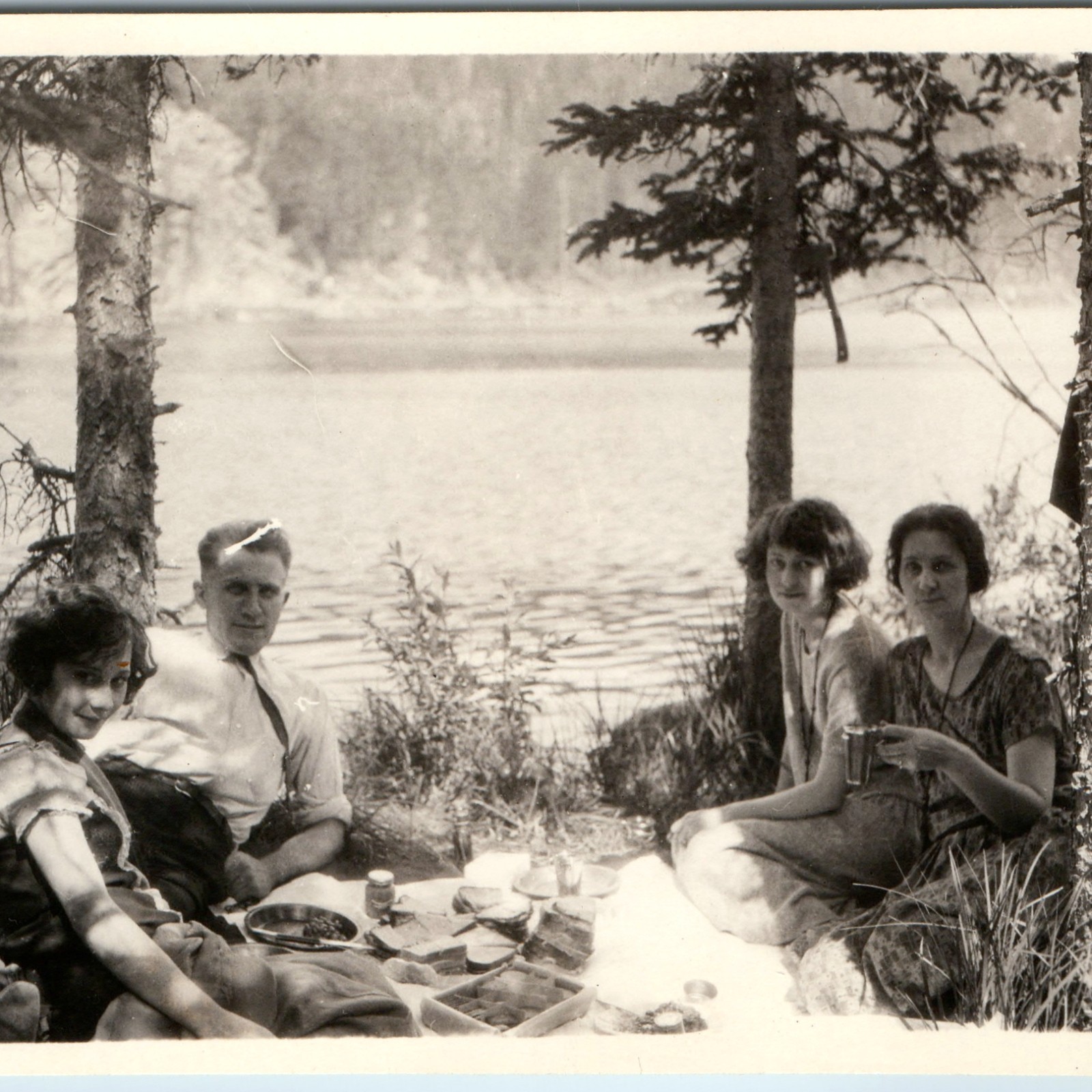 c1920s Nostalgic Lakeside Picnic Snapshot Photo Cute Ladies Man Group Forest Vtg