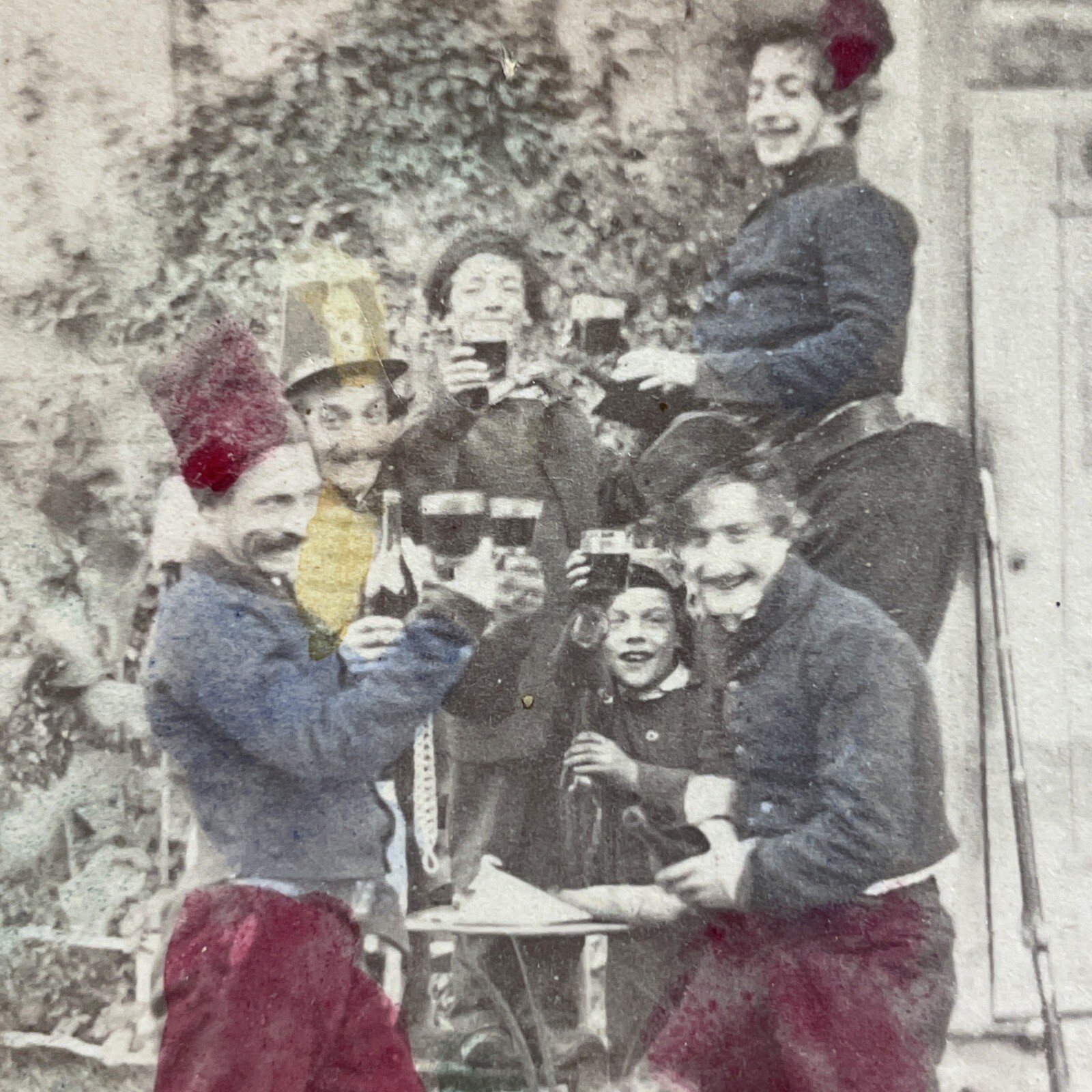 Antique Stereoview Card Group of Men Toasting Hand-Tinted Victorian Era Antique Stereoview Card Group of Men Toasting Hand-Tinted Victorian Era