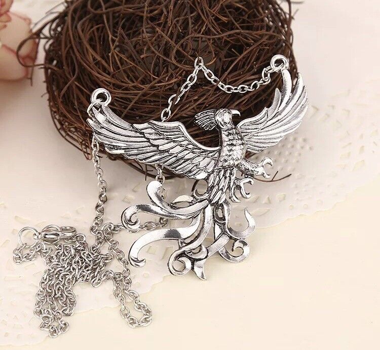 Harry Potter Dumbledore’s Phoenix Fawkes Necklace Silver 2.5” US Seller