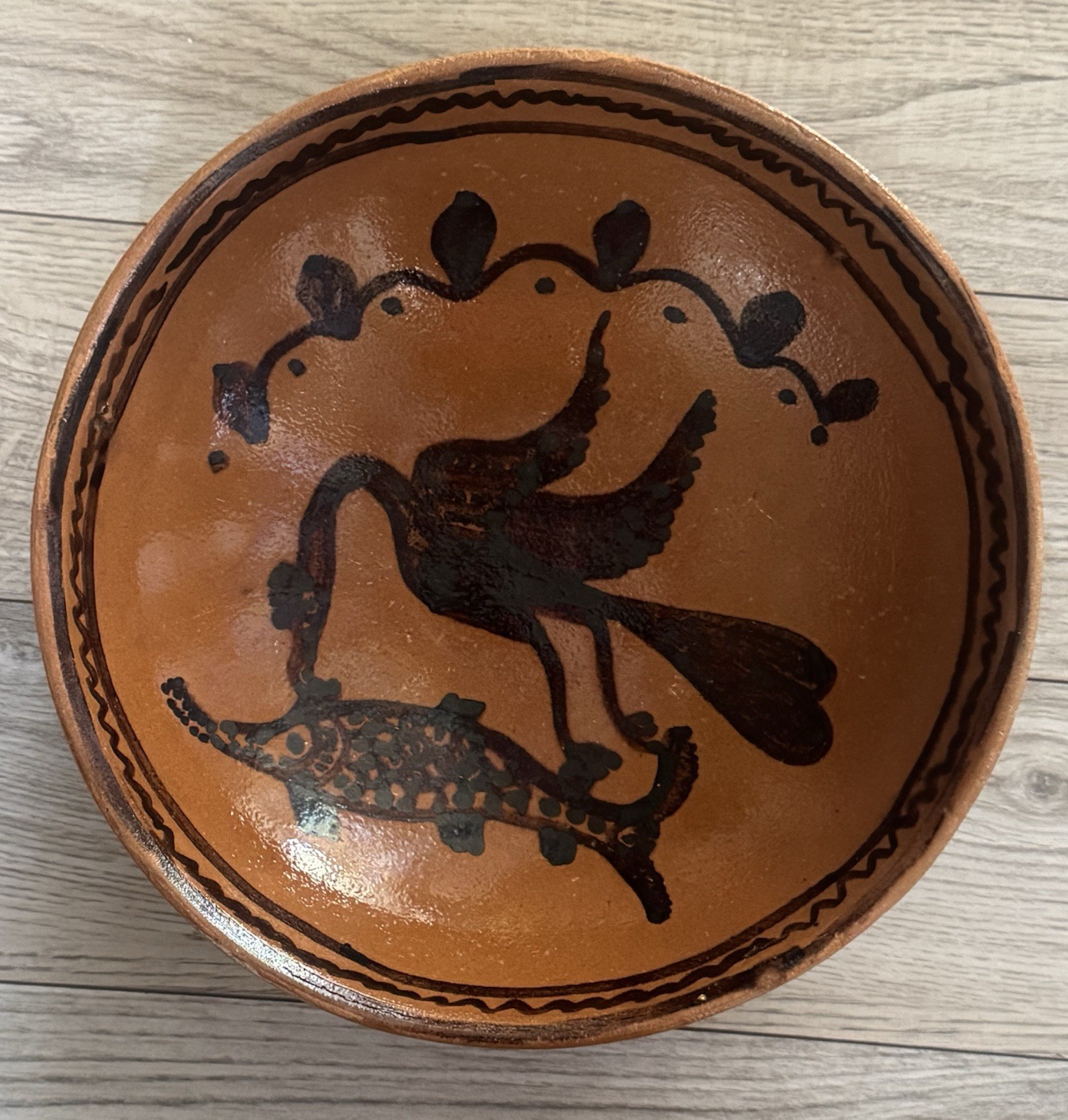 Vintage Mexican Folk Art Redware Terracotta Bowl Heron Fish Vintage Mexican Folk Art Redware Terracotta Bowl Heron Fish