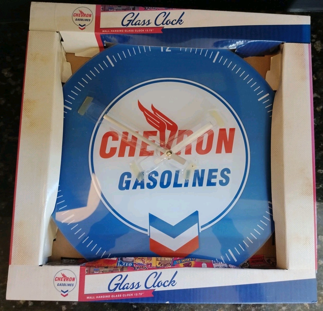 Chevron Gasolines Glass Wall Clock 13.75\ Chevron Gasolines Glass Wall Clock 13.75\