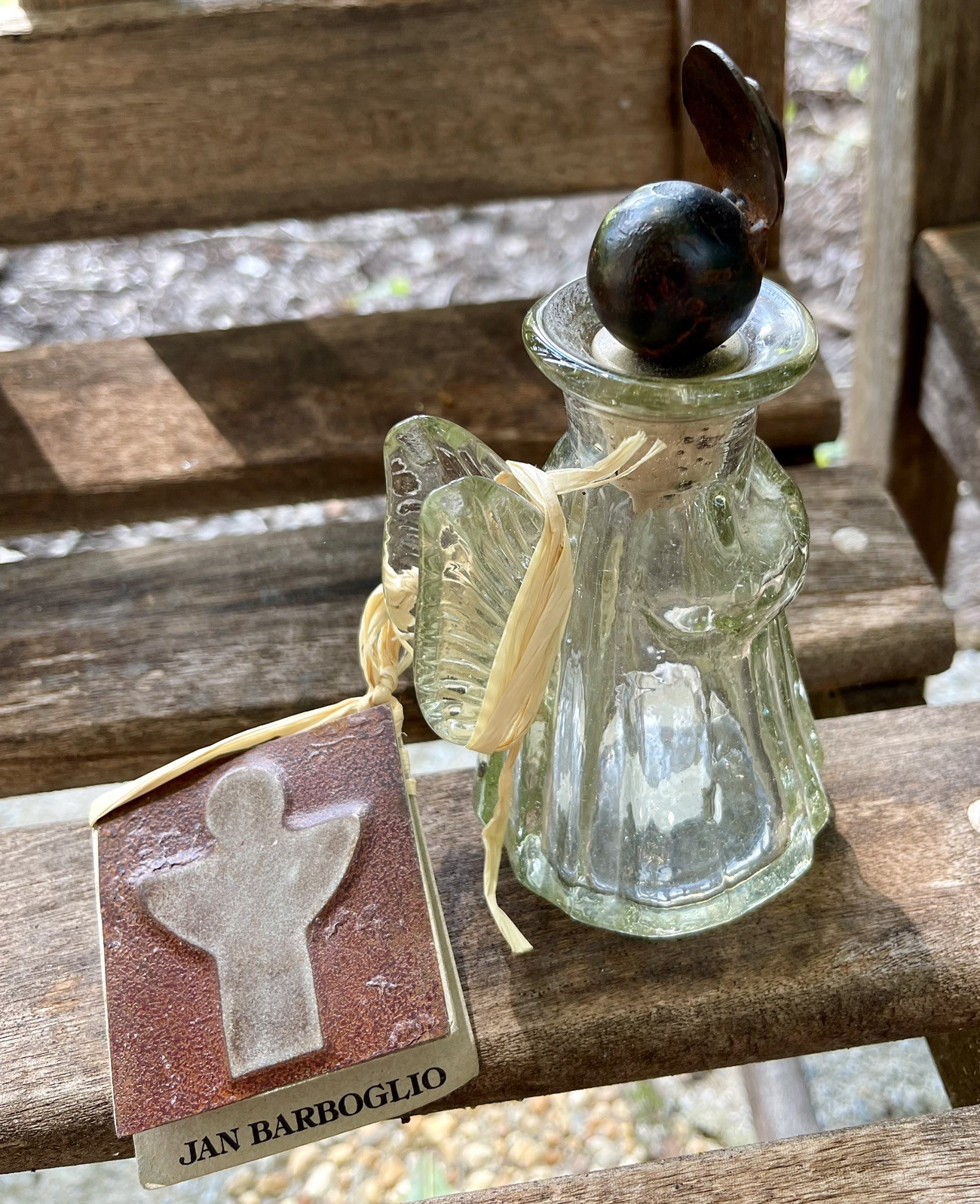 JAN BARBOGLIO Guardian Angel Decanter blown glass Bottle W/ Forged Metal Top ๐ผ JAN BARBOGLIO Guardian Angel Decanter blown glass Bottle W/ Forged Metal Top ๐ผ