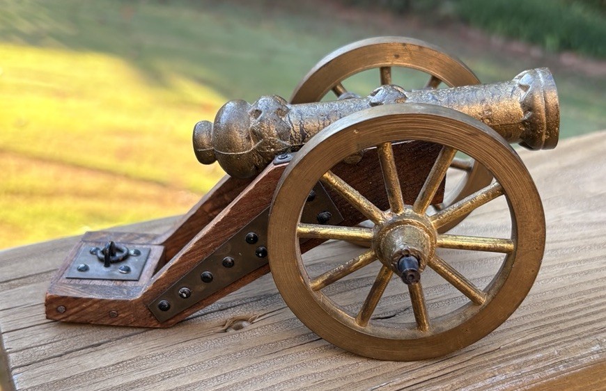 Antique Miniature Brass & Wooden Model Cannon Desktop Paperweight