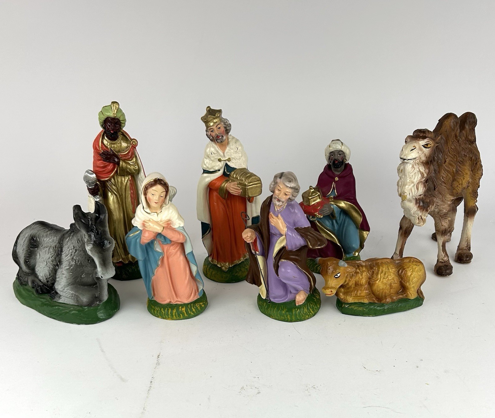 Italian Nativity Figures 8 Pc Hand Painted Composition Magi Camel MCM Italy