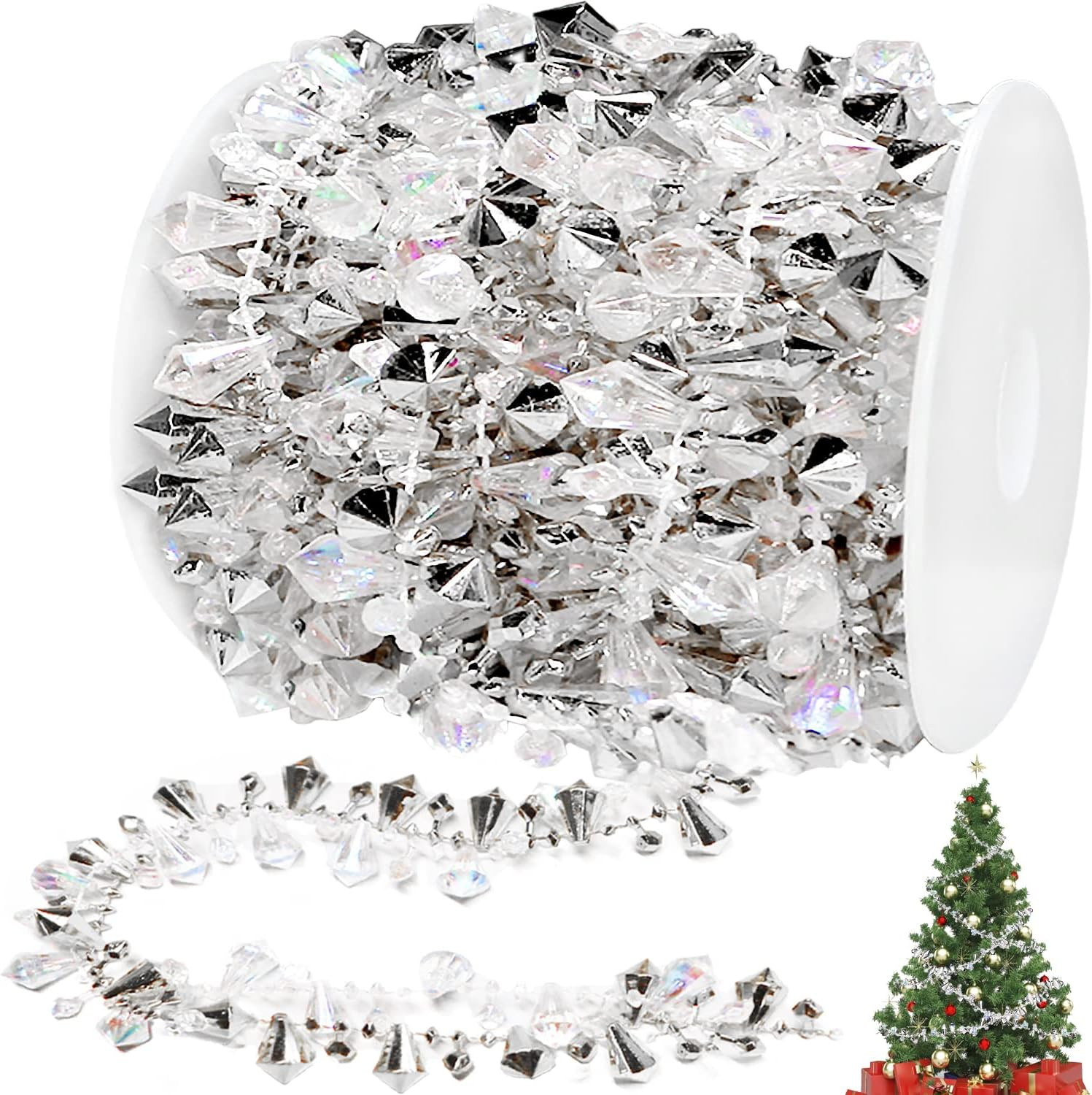 16Ft Christmas Garland Christmas Tree Silver Bead Decor, Clear Iridescent