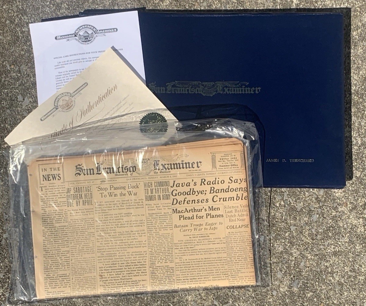Original WWII San Francisco Examiner March 8 1942 Newspaper COA Folder Gift Original WWII San Francisco Examiner March 8 1942 Newspaper COA Folder Gift