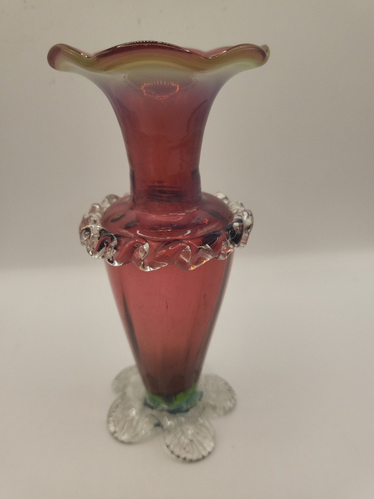 Antique Victorian Cranberry Glass Vase w Applied Petal Feet & Rigaree 1880 GLOWS Antique Victorian Cranberry Glass Vase w Applied Petal Feet & Rigaree 1880 GLOWS