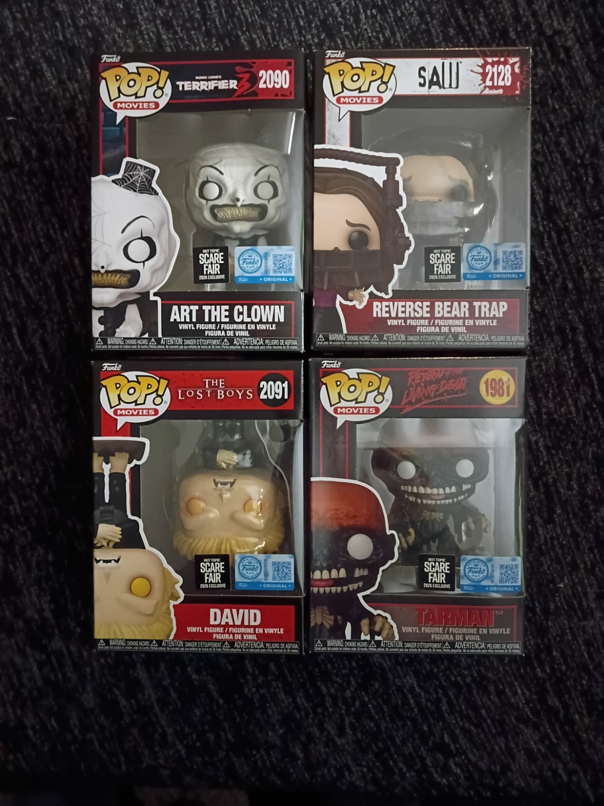 Funko Pop 2026 Hot Topic Scare Fair All 4 SAW, ART, DAVID, TARMAN Funko Pop 2026 Hot Topic Scare Fair All 4 SAW, ART, DAVID, TARMAN