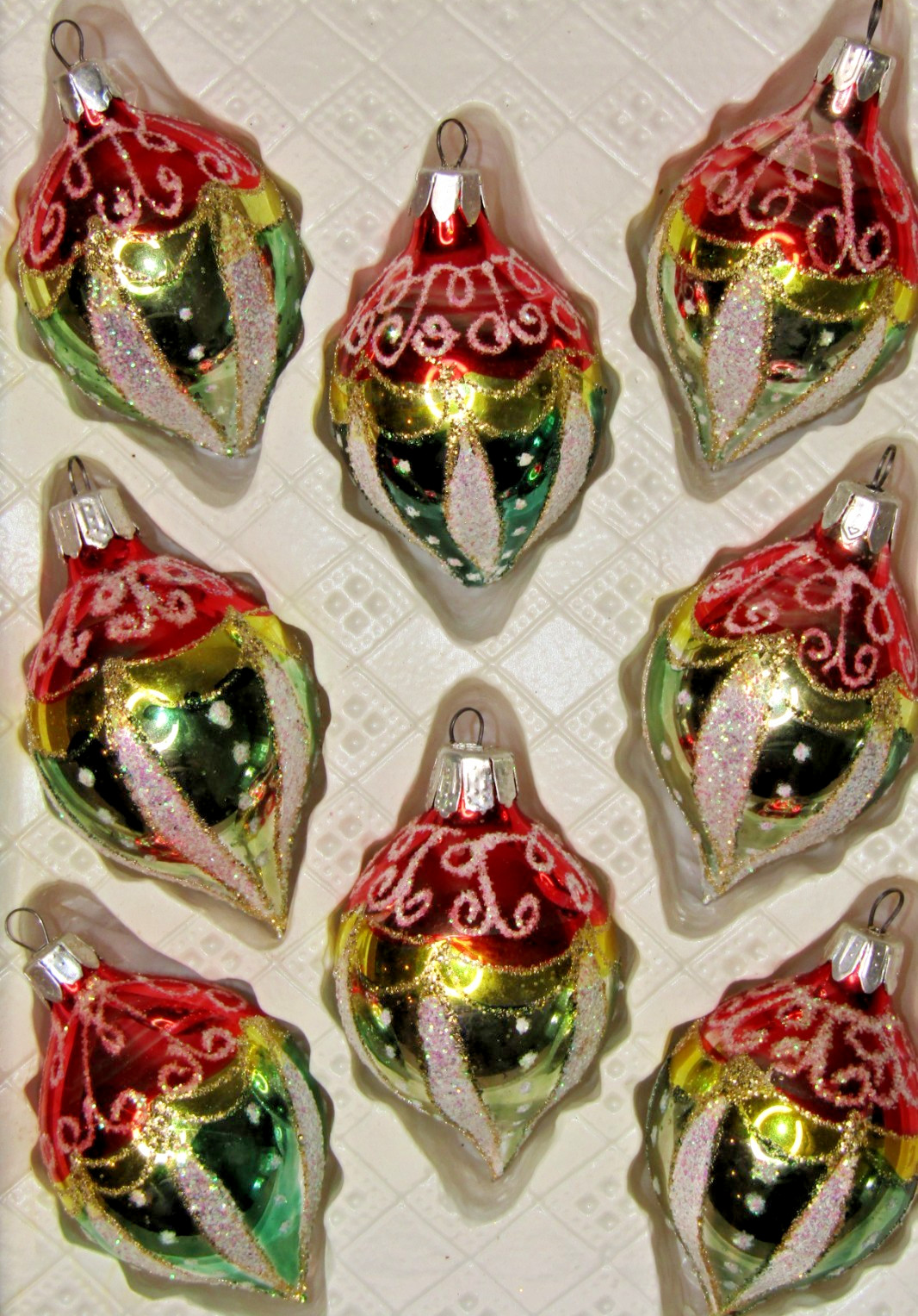 Lot Modern Vintage Glass Snow Cap Glittered DROP Christmas Ornaments Romania
