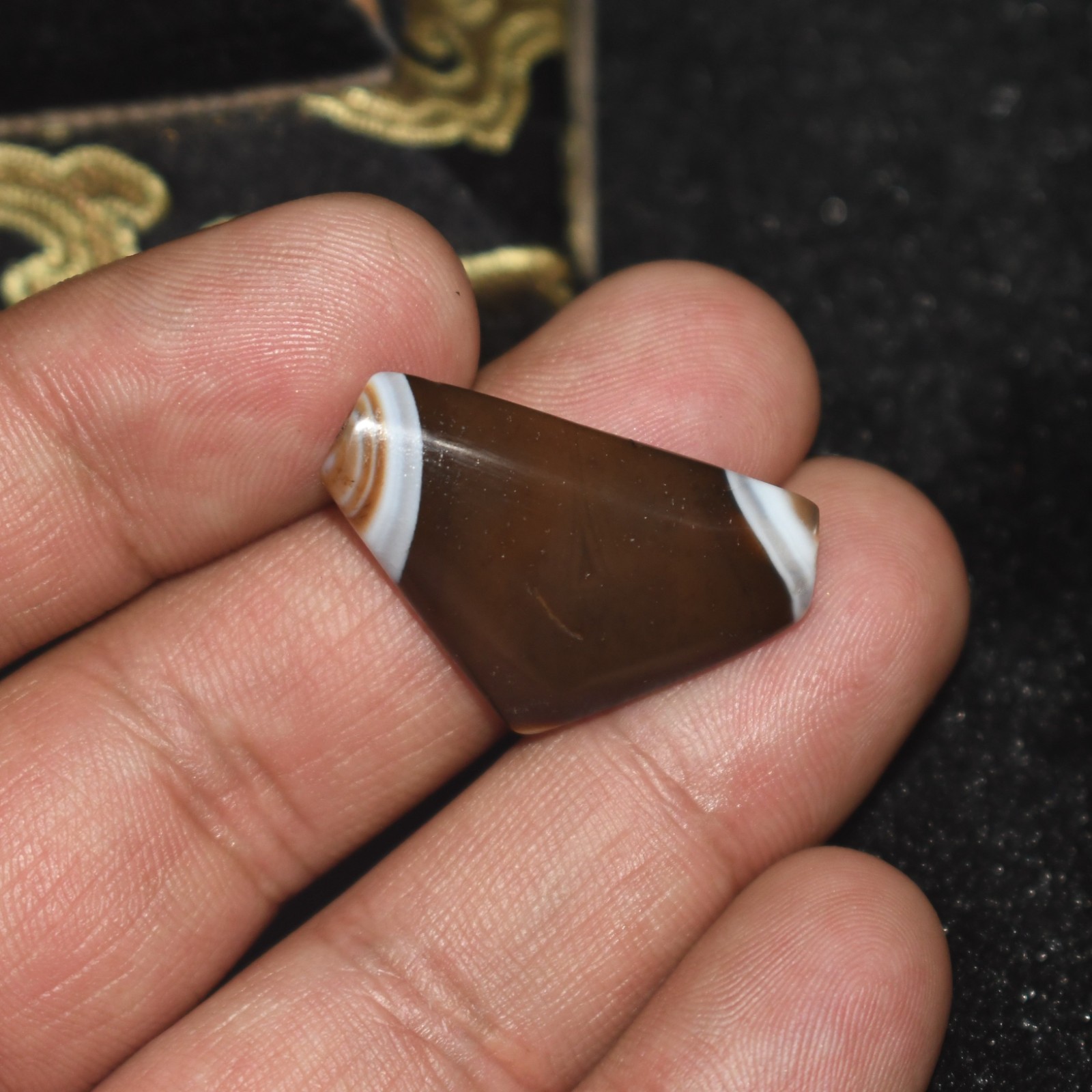 Big Antique Old Central Asian Banded Agate Boomerang Bead in Good Condition