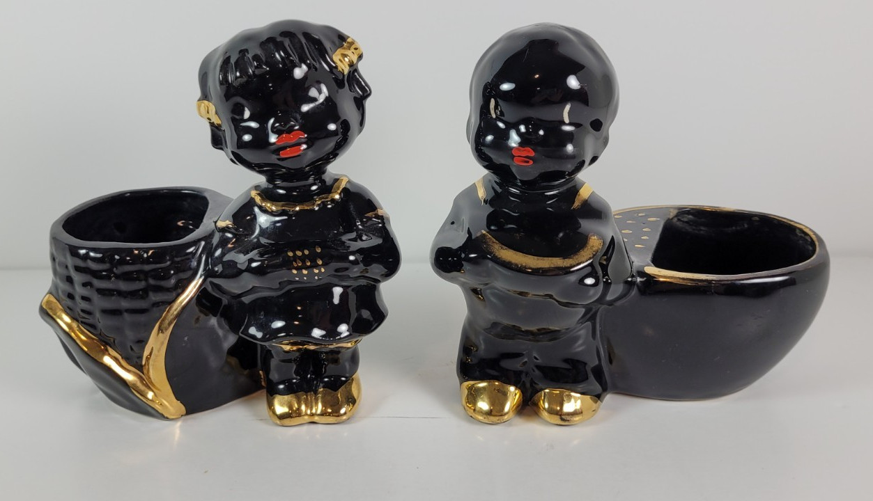 Rare VTG Mid-Century Modern Blackamore Matching Boy & Girl Eating Corn Planters Rare VTG Mid-Century Modern Blackamore Matching Boy & Girl Eating Corn Planters
