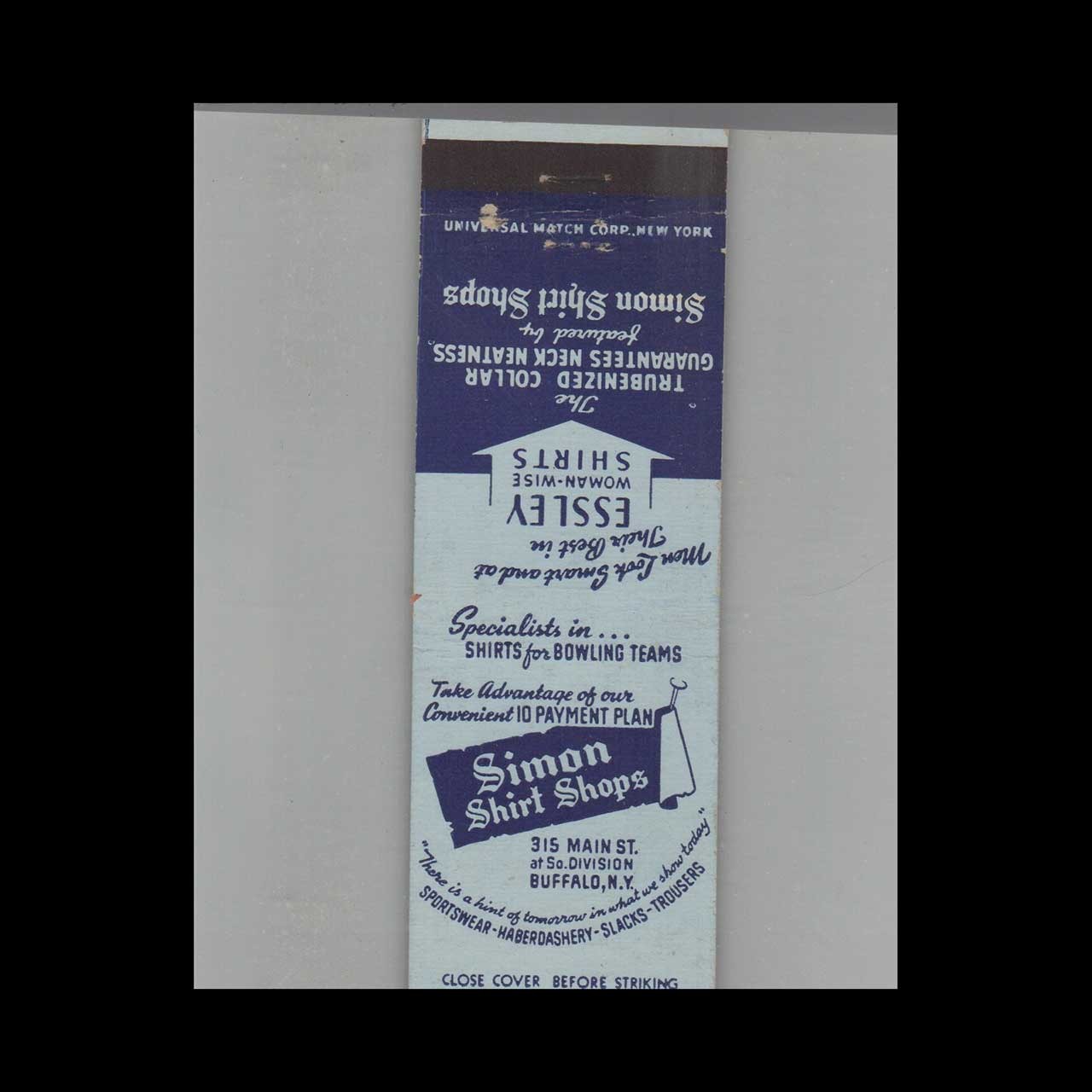 Matchbook Cover Simon Shirt Shops Buffalo, NY