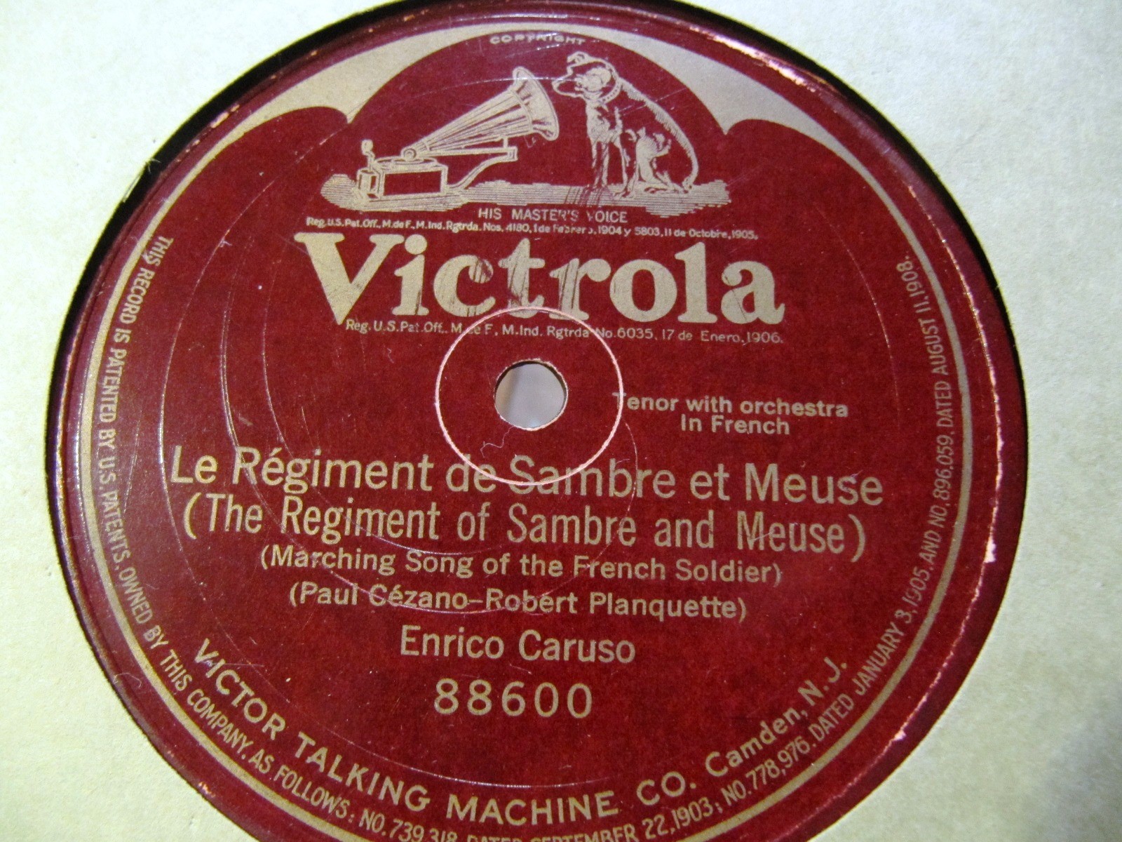 World WAR I Enrico Caruso French LE REGIMENT DE SAMBRE ET MEUSE Victor Record.