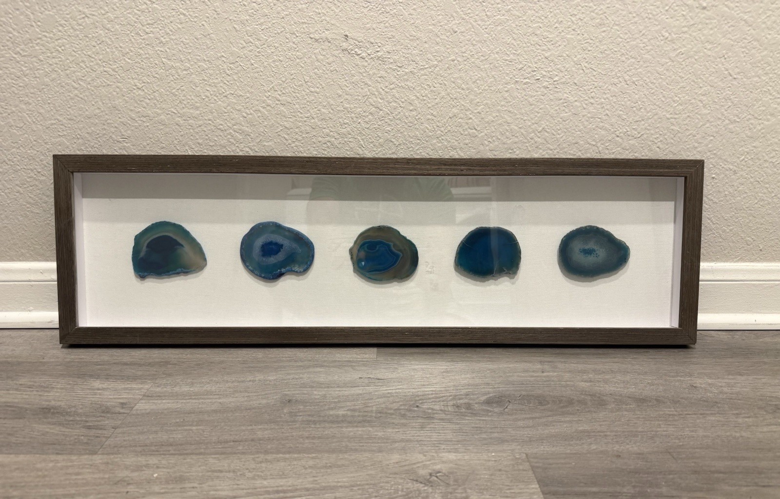 Natural 5 Agate Stone Slices in Shadow Box Wall Art Frame approximate 30”x 9” Natural 5 Agate Stone Slices in Shadow Box Wall Art Frame approximate 30”x 9”
