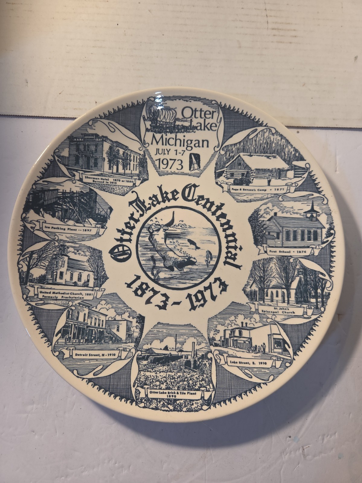 Vintage Otter Lake Michigan Centennial Plate 1873-1973 Kettlesprings Kiln 2386-s Vintage Otter Lake Michigan Centennial Plate 1873-1973 Kettlesprings Kiln 2386-s