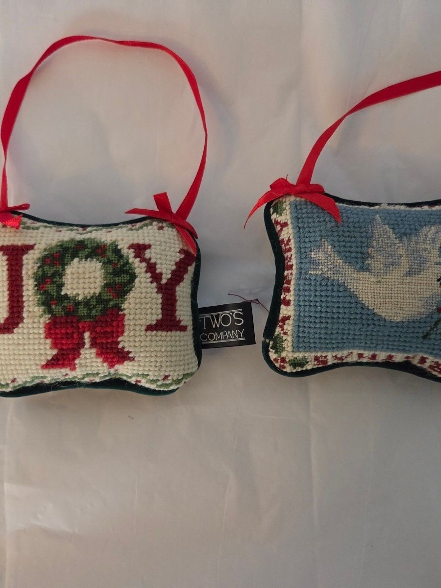 Two's Company Wool Needlepoint Christmas Ornaments Pair JOY Dove Cottagecore Two's Company Wool Needlepoint Christmas Ornaments Pair JOY Dove Cottagecore