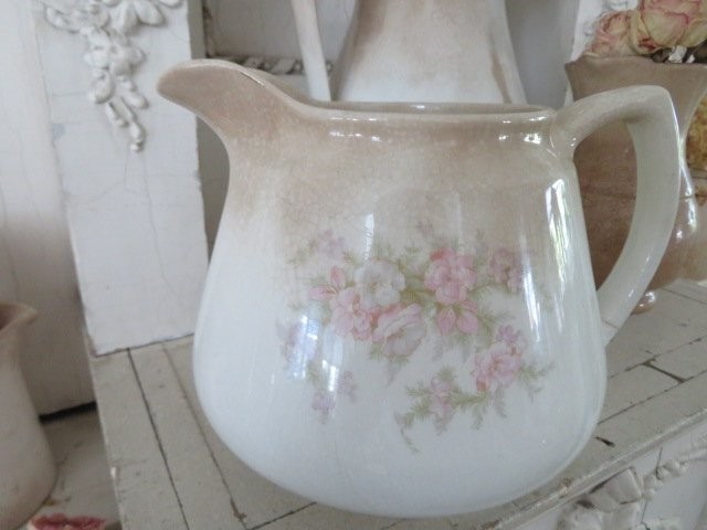 Old Vintage Fat WHITE IRONSTONE PITCHER Heavily Crazed STAINED Pink Flowers