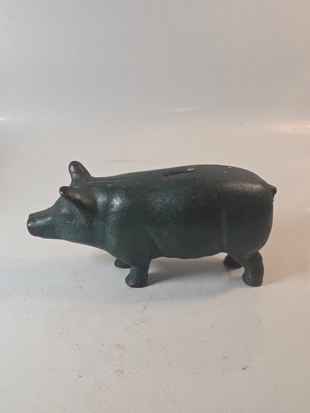 Antique Cast Iron Pig Still Coin Bank Green Paint Seam 1910s
