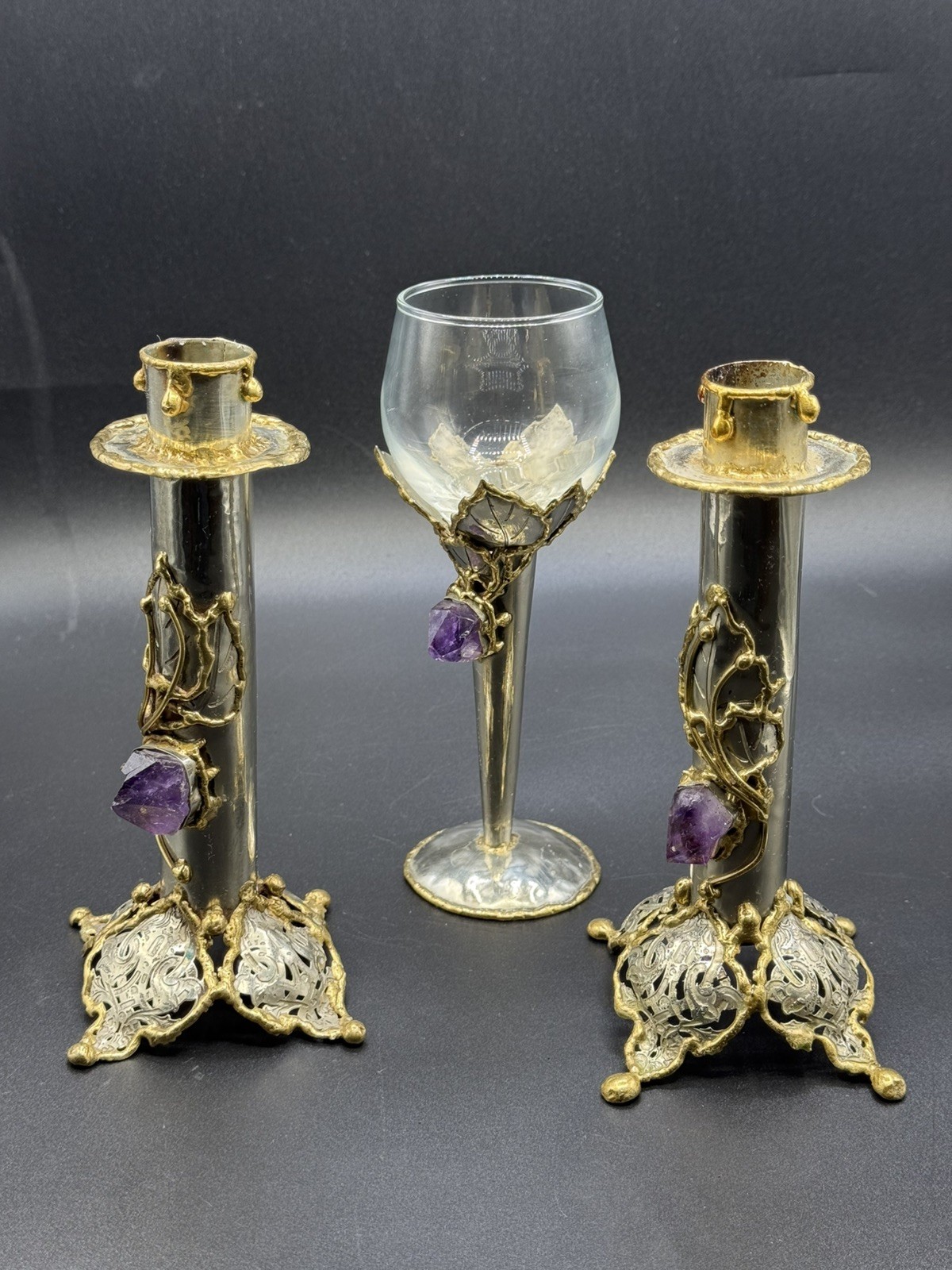 VTG Brass & Glass Art Nouveau Style Candlesticks 