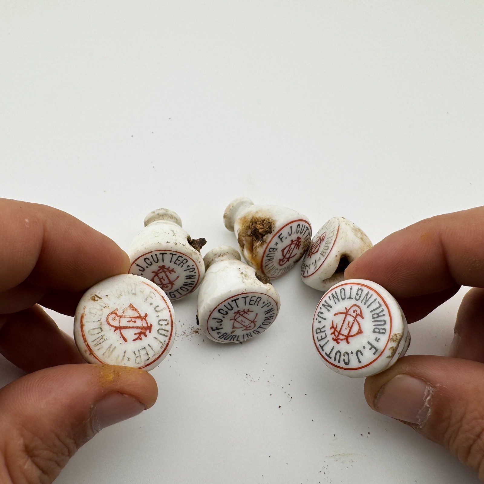 Antique Lot 6 F.J. Cutter Burlington NJ K Hutter 1893 Porcelain Bottle Stoppers Antique Lot 6 F.J. Cutter Burlington NJ K Hutter 1893 Porcelain Bottle Stoppers