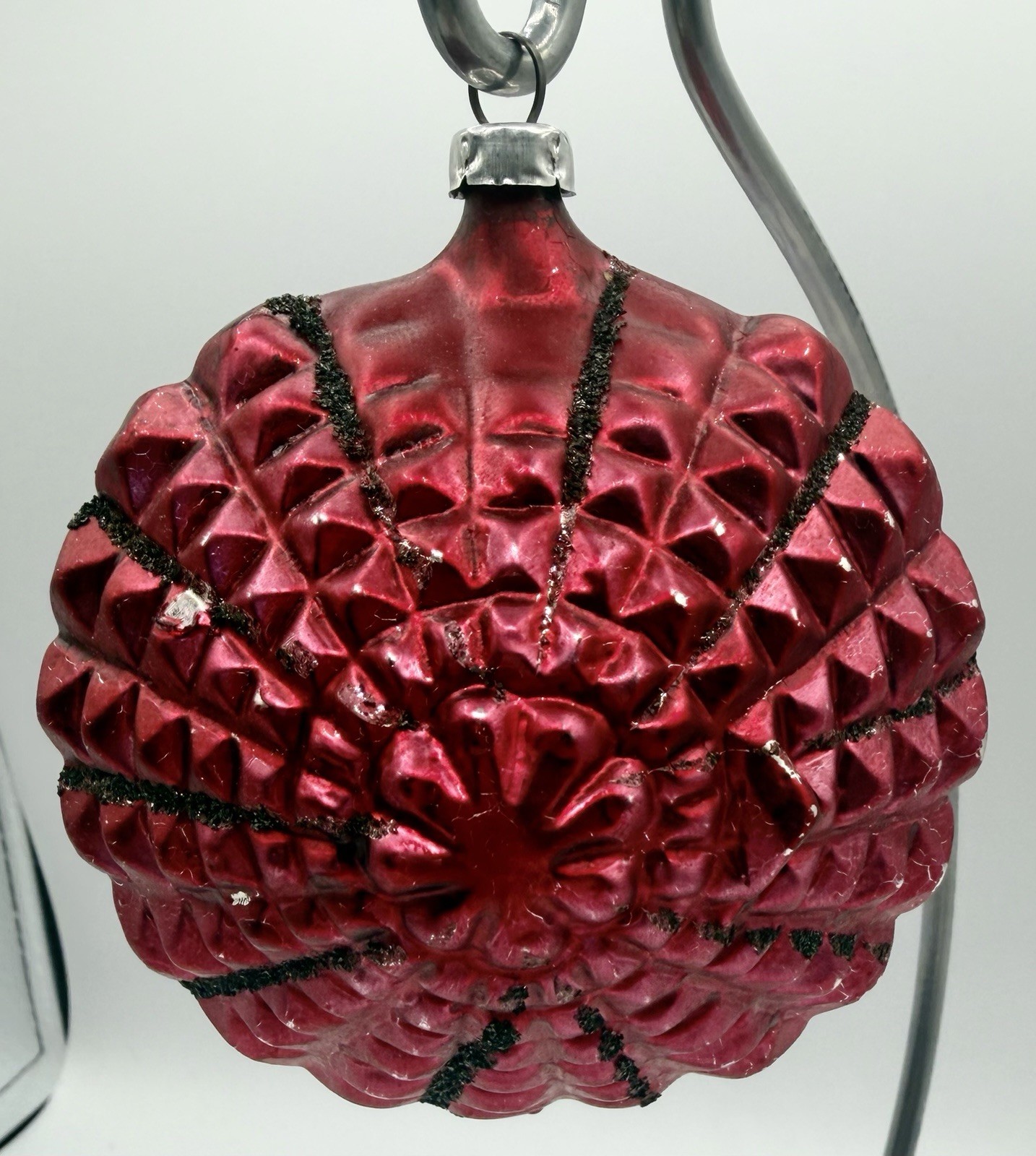 Vtg  West Germany Red Embossed Bumpy Glass Christmas Ornament Black Mica 3.25”