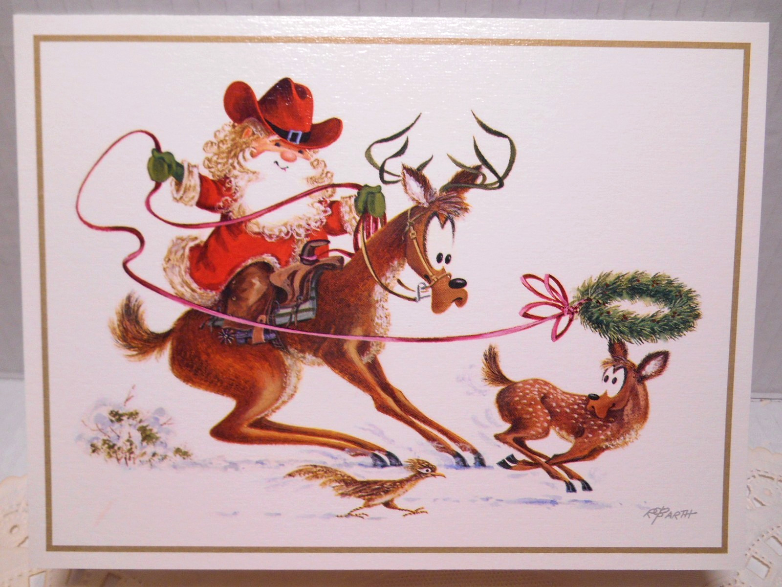 6 VTG Leanin Tree Woodlands Christmas Greeting Cards Richard Barth COWBOY SANTA