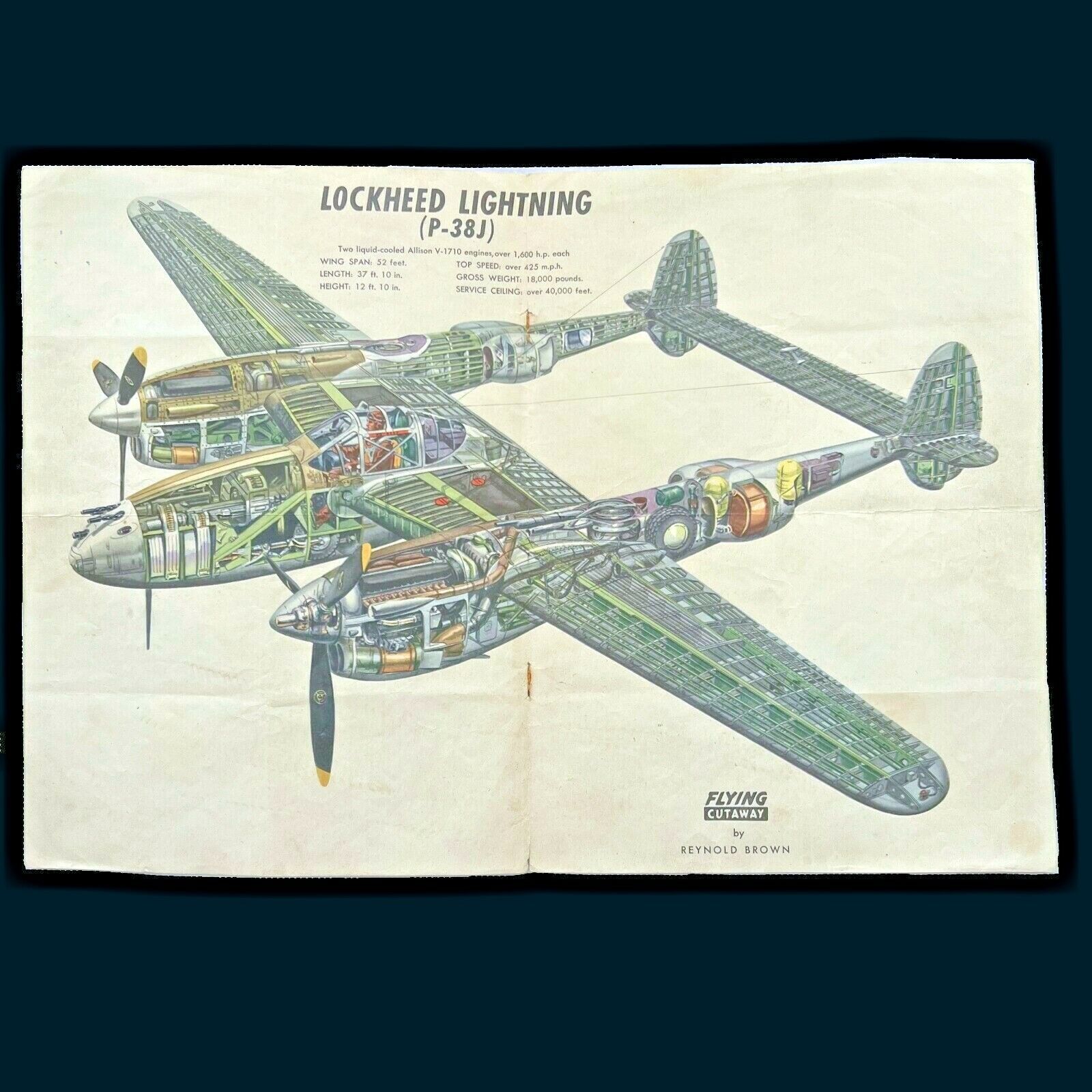Vtg P 38J Lightning Cutaway Illustration Reynold Brown Apr 1945 Flying Magazine