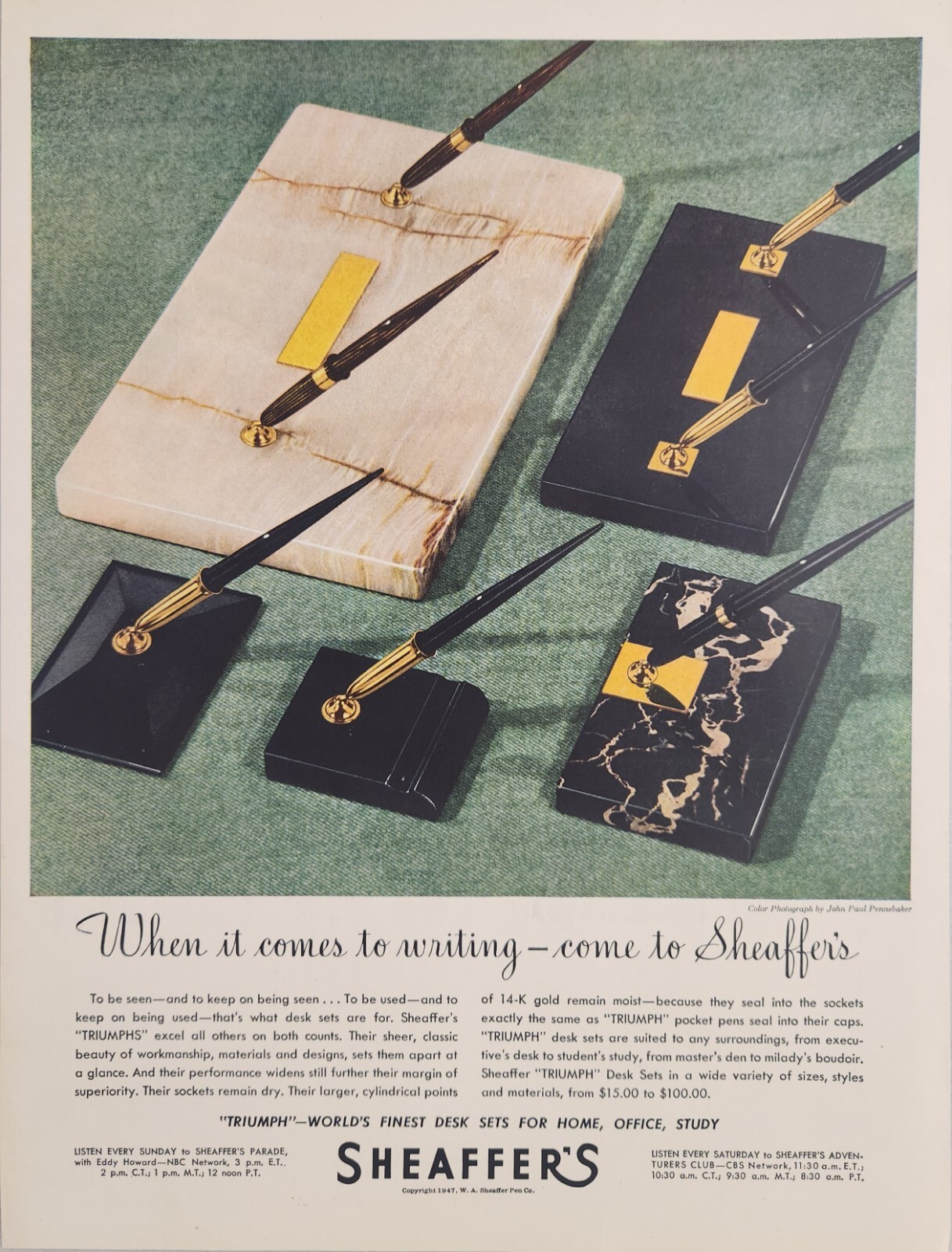 1947 Print Ad Sheaffer\'s Triumph Fountain Pens 14-K Gold Finest Desk Sets 1947 Print Ad Sheaffer\'s Triumph Fountain Pens 14-K Gold Finest Desk Sets