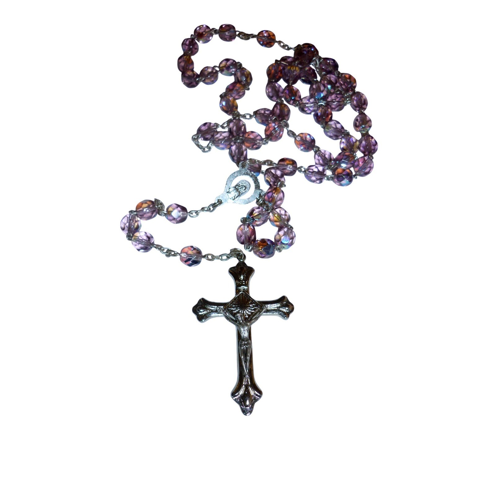 Vintage Purple Aurora Borealis Glass Bead Rosary Silver Tone Crucifix Necklace Vintage Purple Aurora Borealis Glass Bead Rosary Silver Tone Crucifix Necklace