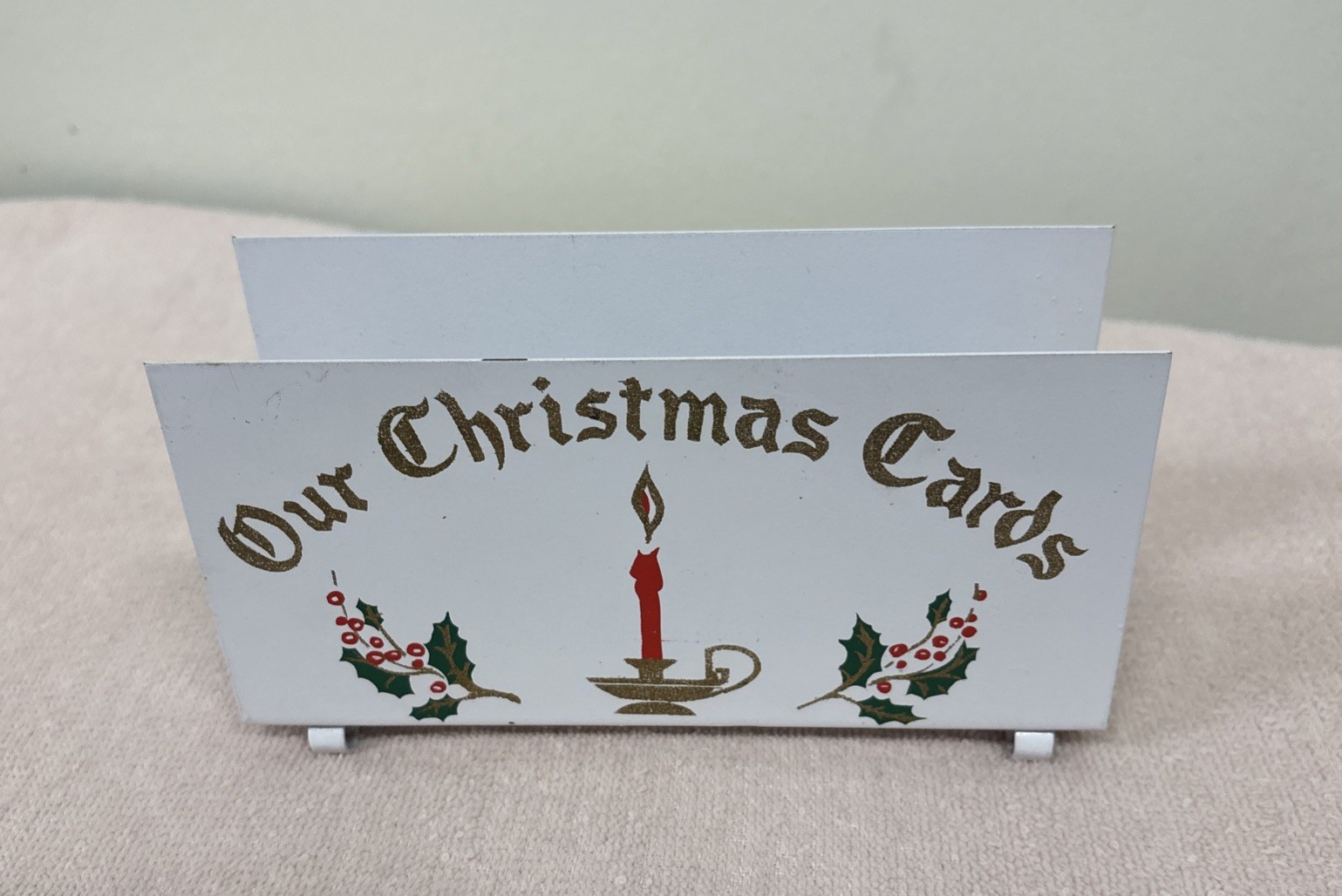 Vtg Our Christmas Card  Holder Holly Berry Candle MCM Metal 6” X 3 1/4  “